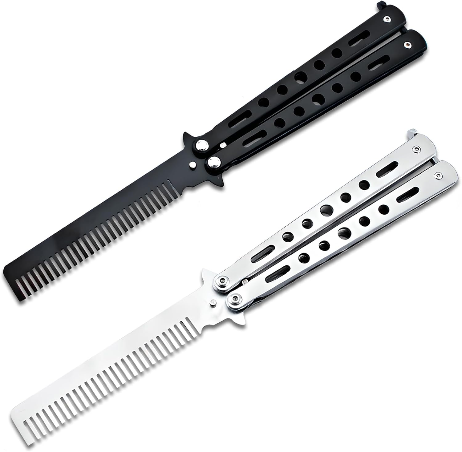 Jaasuee 2 Pieces Stainless Steel Folding Practice Combs Available in Black and Silver, Foldable Hair Styling Tools for Sports and Outdoor Use, Silver+Black image number 3