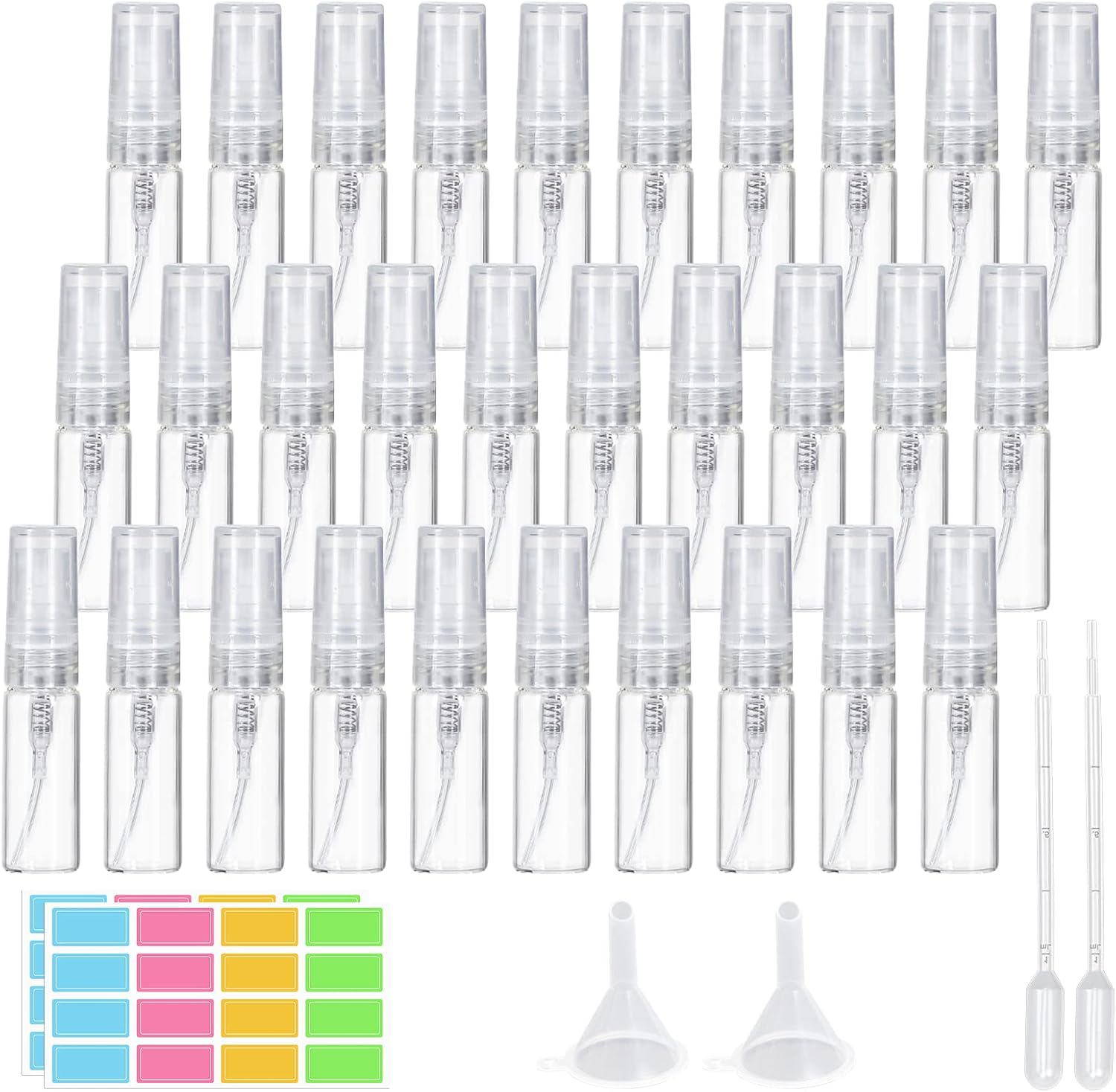 Suruikei Pack of 30 3 Ml Perfume Atomiser Glass Mini Spray Bottle Small Atomiser Refillable with Funnel Pipettes and Label Stickers Perfume Atomiser for on the Go (30 X 3 Ml, Transparent) image number 4
