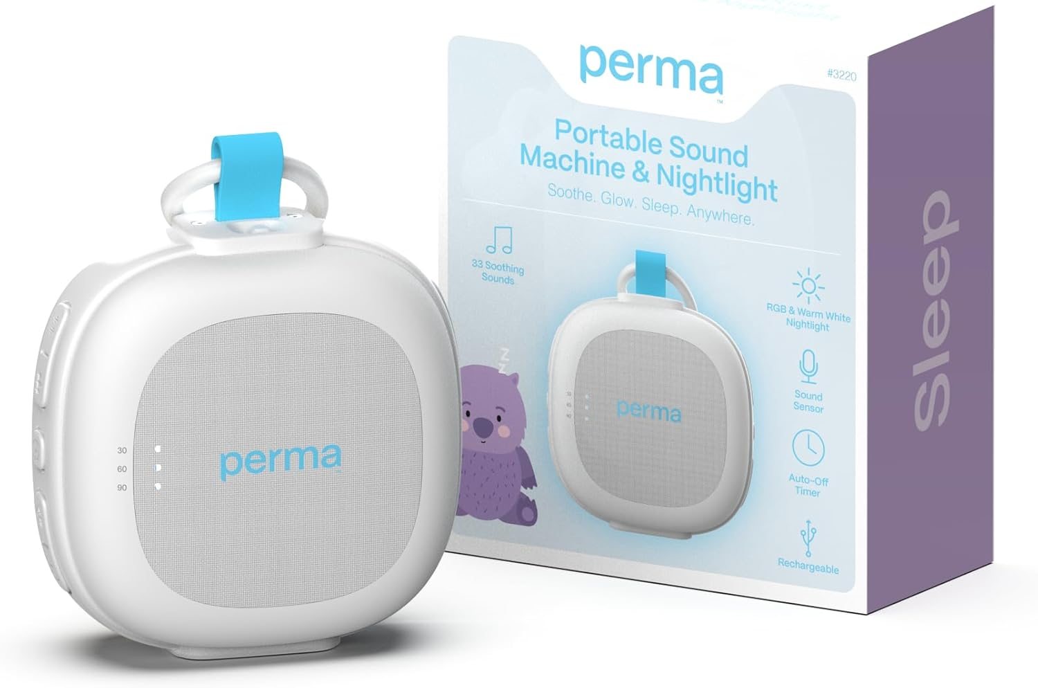 Perma Portable Sound Machine & Night Light, Multiple Soothing Sounds, Adjustable Volume, Rechargeable, Pram/Car Seat/Crib Attachment, Sound-Sensor Auto Restart, 30/60/90 Min Timer, Soft Nightlight for Feeds image number 5