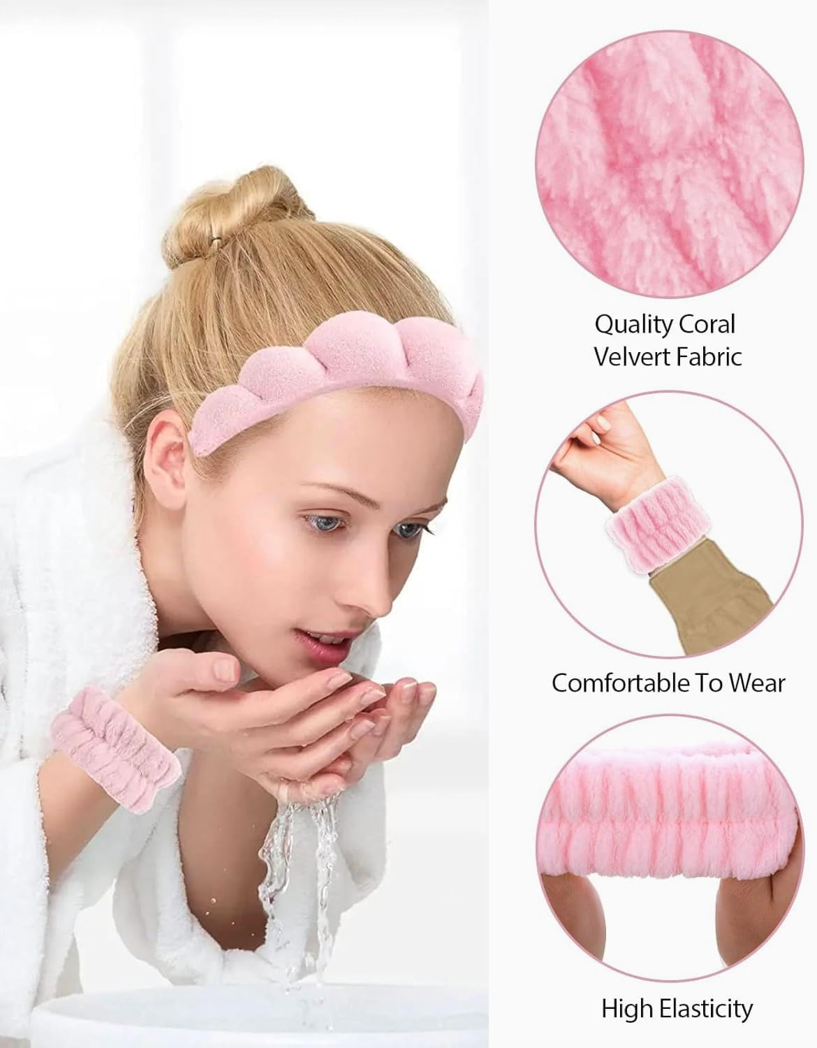 TPZORJX Sponge Headband Bracelet Sets for Washing Face Makeup Headbands for Women Girls Skin Care Removal Spa Yoga Sports Shower Headband Terry Towel Fabric Hair Band - Pink image number 5