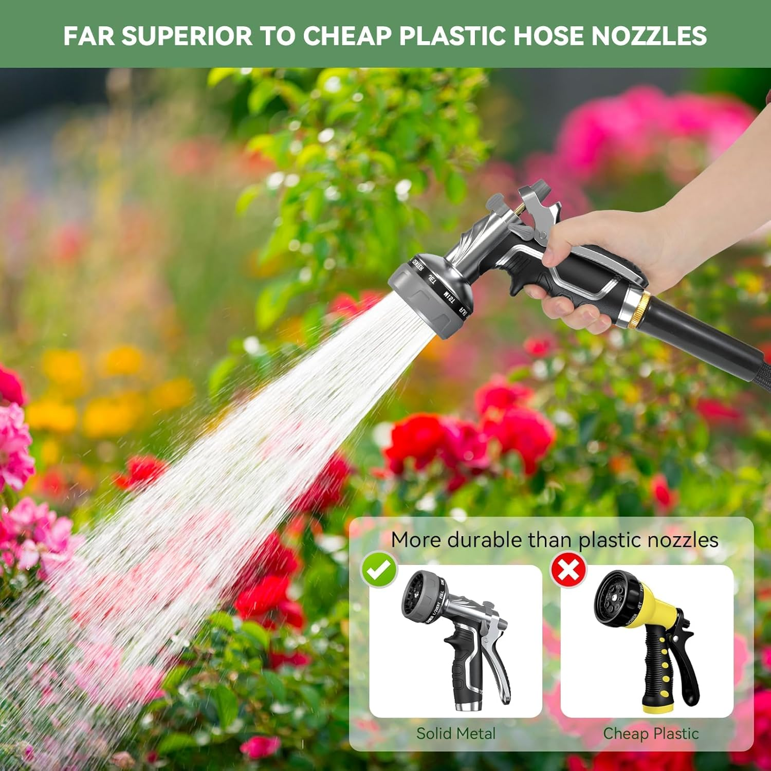 New Heavy-Duty Metal Hose Pipe Spray Gun, 8 Adjustable Spray Patterns Garden Hose Spray Gun, Leak-Proof Hose Gun, Garden Hose Nozzle for Watering, Cleaning, Washing Cars image number 2