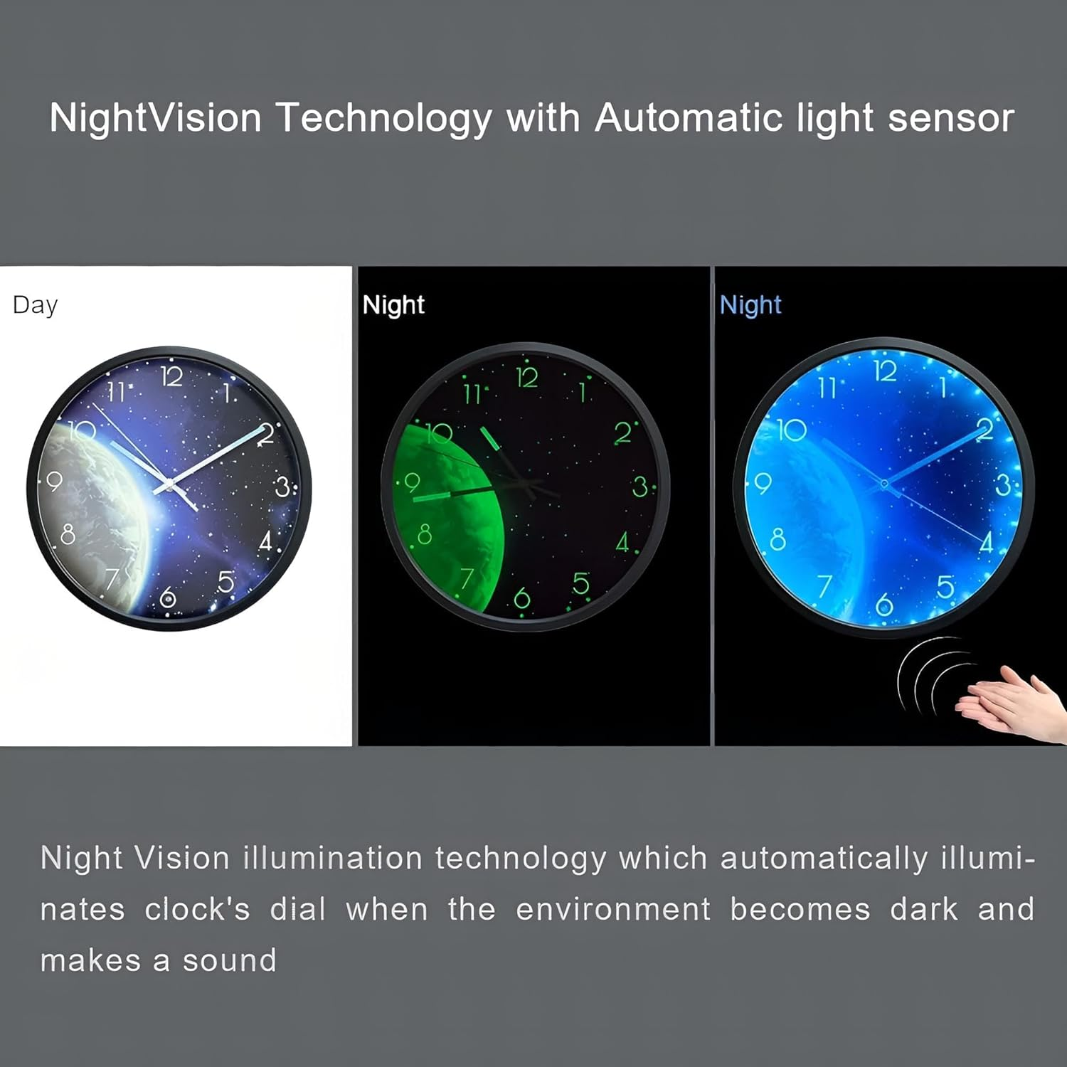 OCEST 12 Inch Night Light Wall Clock for Bedroom, Silent Lighted up Wall Clock Glow in the Dark, Easy to Read, Large Digital Display, Battery Operated for Living Room Kitchen-Blue Earth image number 4