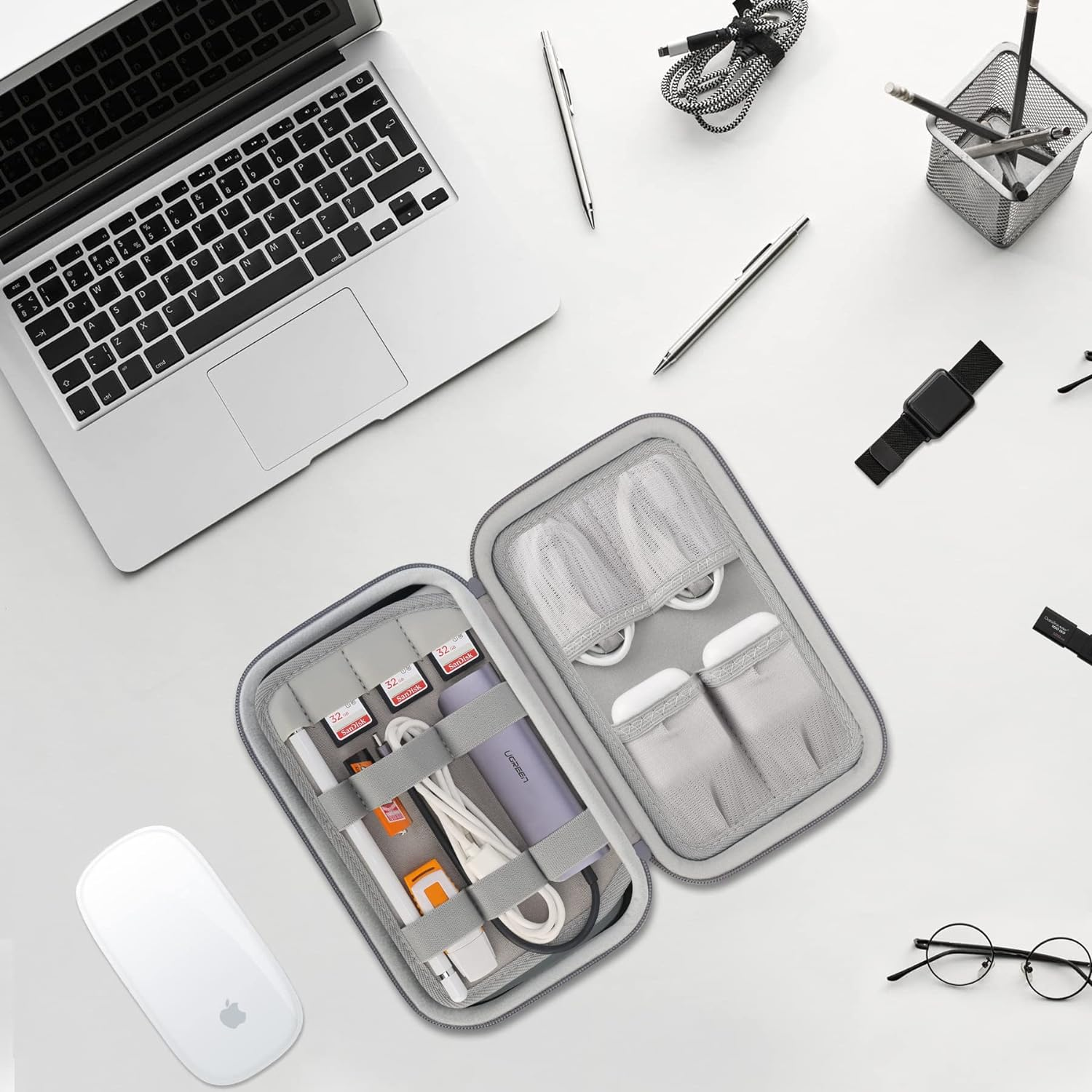 Elonbo Hard Travel Cords Organizer Universal Small Electronic Accessories Carrying Case for Chargers Cables Macbook Adapter Magic Mouse Apple Pencil USB Flash Disk Tech Portable Storage Bag, Grey