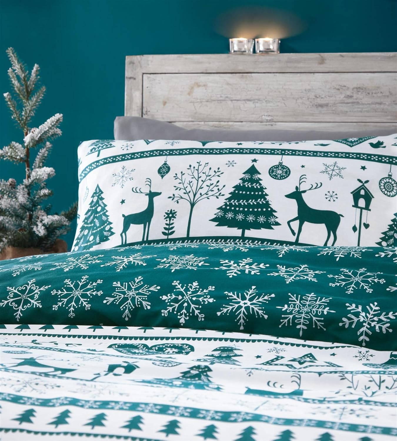 Portfolio Home Festive Noel Teal Green Duvet Cover Set Christmas Super King Bedding Set PNOED4C