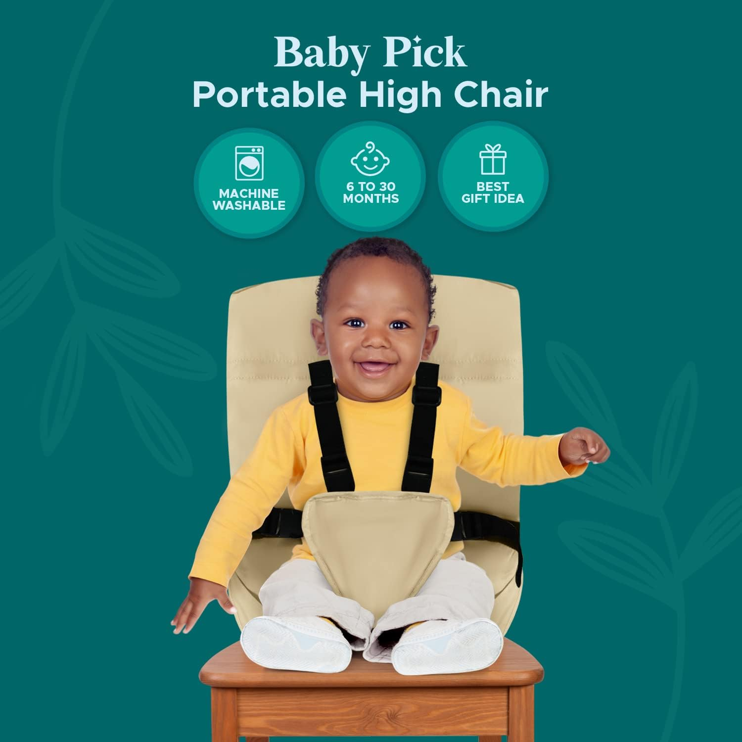 Portable High Chair by Baby Pick- Foldable High Chair for Travel with Adjustable Shoulder Straps- Compact Harness Seat for Babies & Toddlers- Easy to Use Washable Feeding Safety Seat (Beige) image number 2