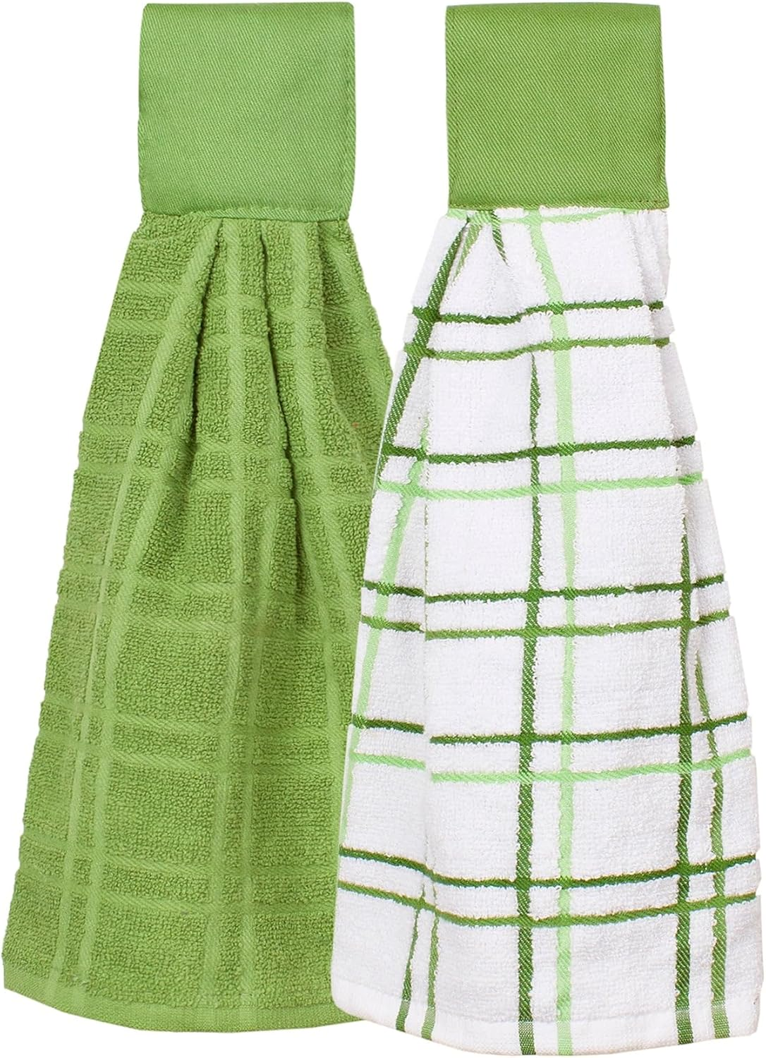 Ritz Premium 100% Cotton Solid and Multi Check Kitchen Tie Towel, Absorbent, Super Soft, and Fast Drying Hang Towel, Set of Two, Cactus Green