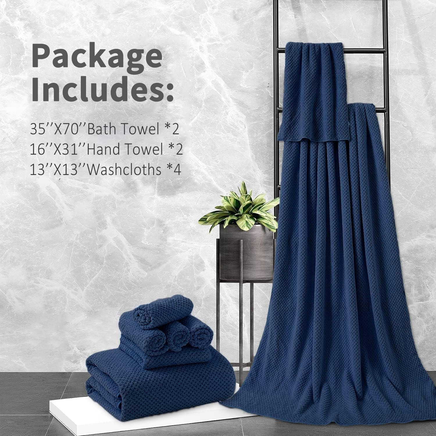 8 Piece Bathroom Towel Set Navy Blue |2 Oversized Large Bath Towels Sheet,2 Hand Towels and 4 Washcloths| 600GSM Ultra Soft Luxury Premium Towel Set Highly Absorbent Quick Dry Hotel Towel Collection image number 4