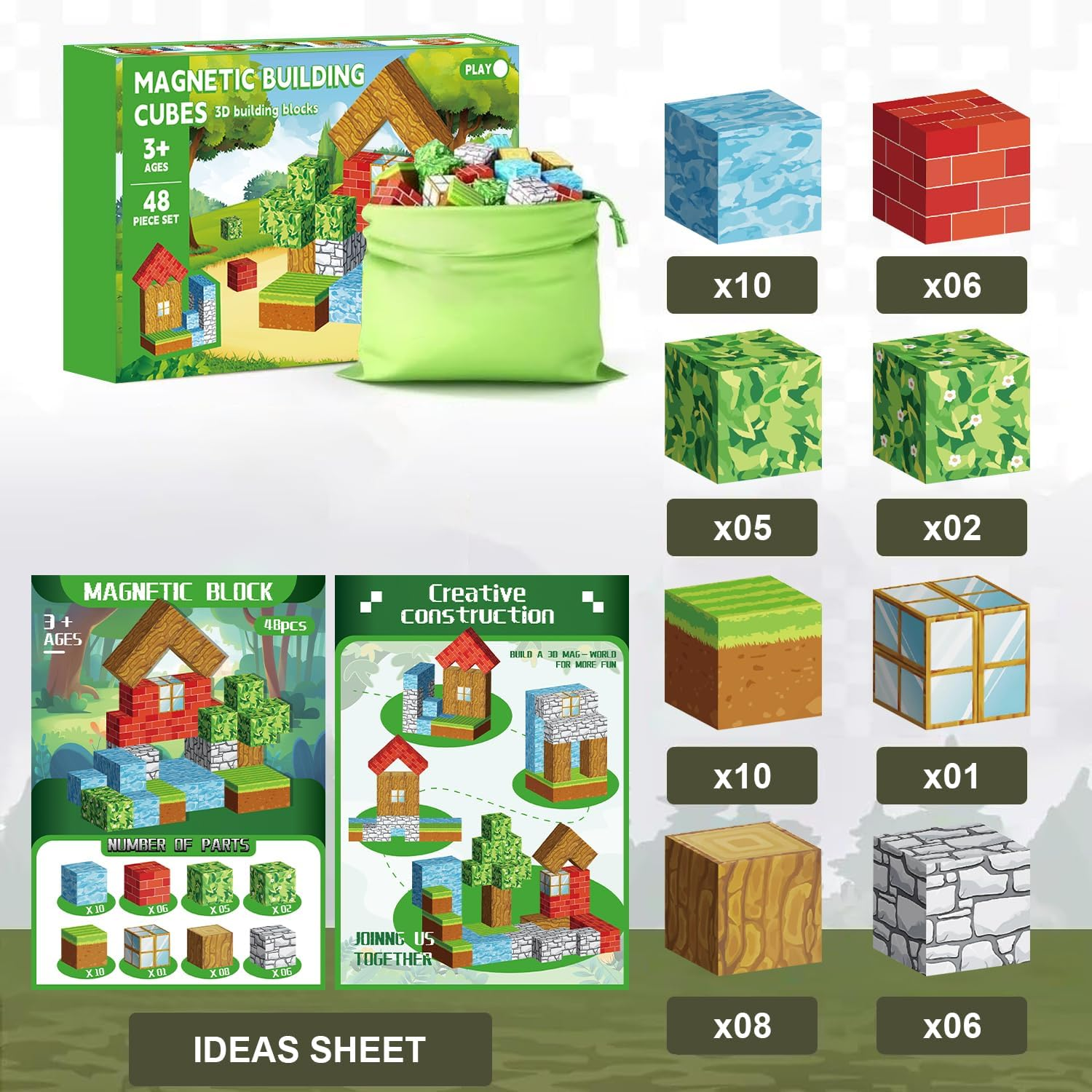 Magnetic Blocks Cubes 48PCS for Boys & Girls Age 3-4 4-5 6-8,STEM Montessori Sensory Toys for Toddlers for 3+ Years Old, Magnetic Construction Toys image number 3