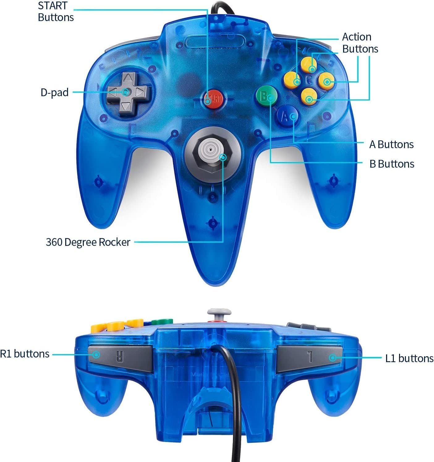 Retro N64 Wired Gaming Remote Joystick Replacement Controller for N64 System Video Games Console (&zwnj;Transparent Blue) image number 1