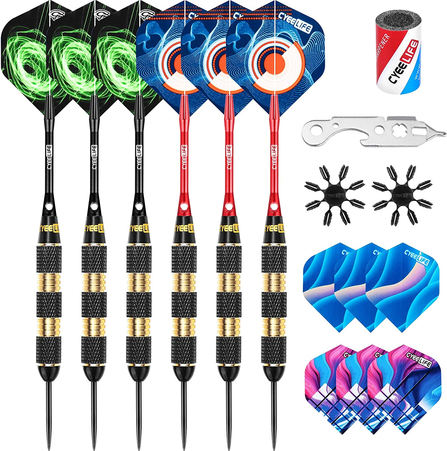 Cyeelife Professional Steel Tip Darts 32G with Aluminium Shafts,Sharpener,Tool and Extra Flights,Pro Brass Darts Set image number 3