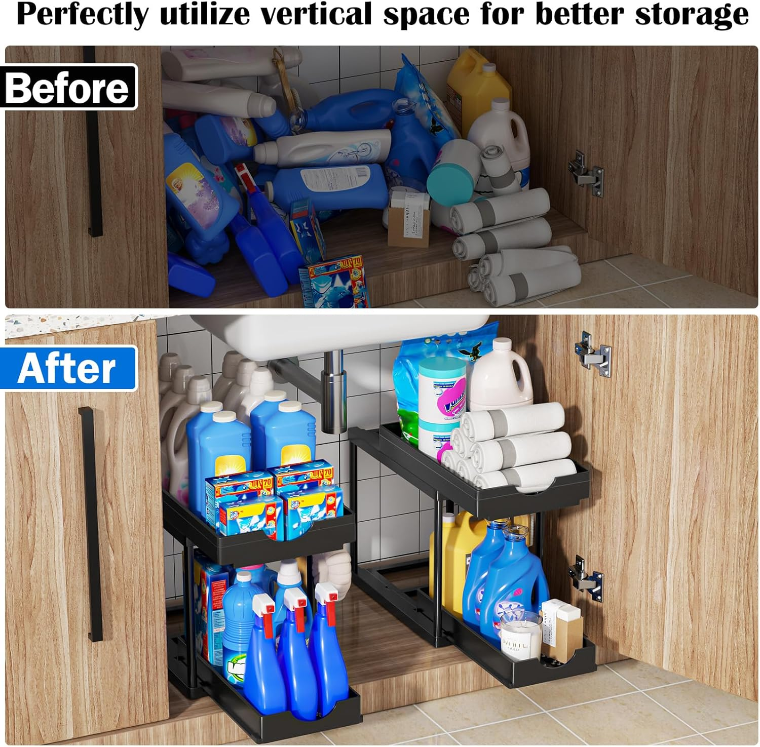 2 Pack Double Sliding under Sink Organizers and Storage, Kitchen Accessories, Two Tier Bathroom Storage and Organization, under Cabinet Organizer with Hooks, Home Organization, Black image number 4