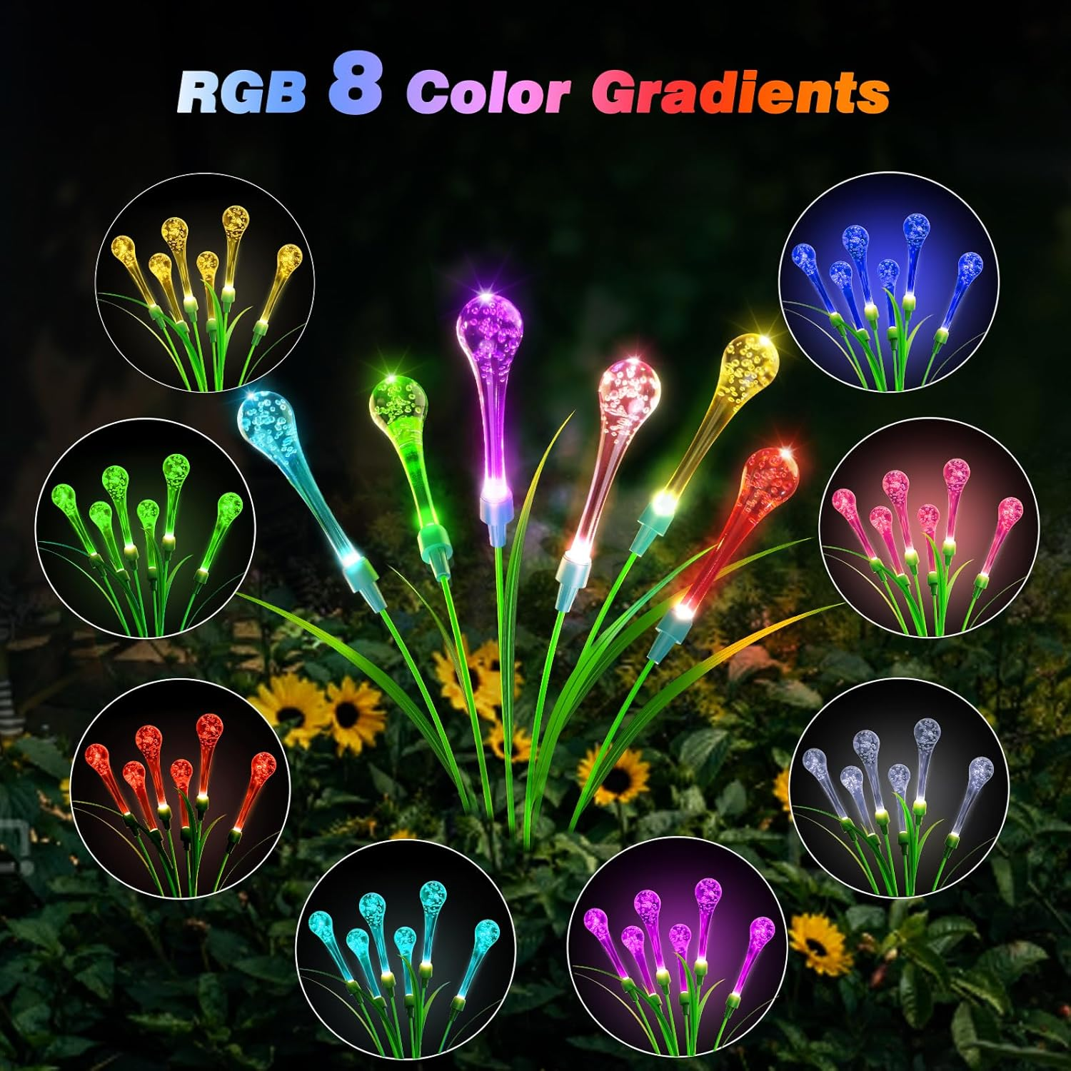 Bluefire 2 Pack Solar Garden Lights, Crystal Acrylic Water Drop Lights with 12 Bulbs, Waterproof Solar Lights Outdoor Patio Lights for Garden Lawn Patio Yard Wedding Party Decor(Multicolor) image number 4