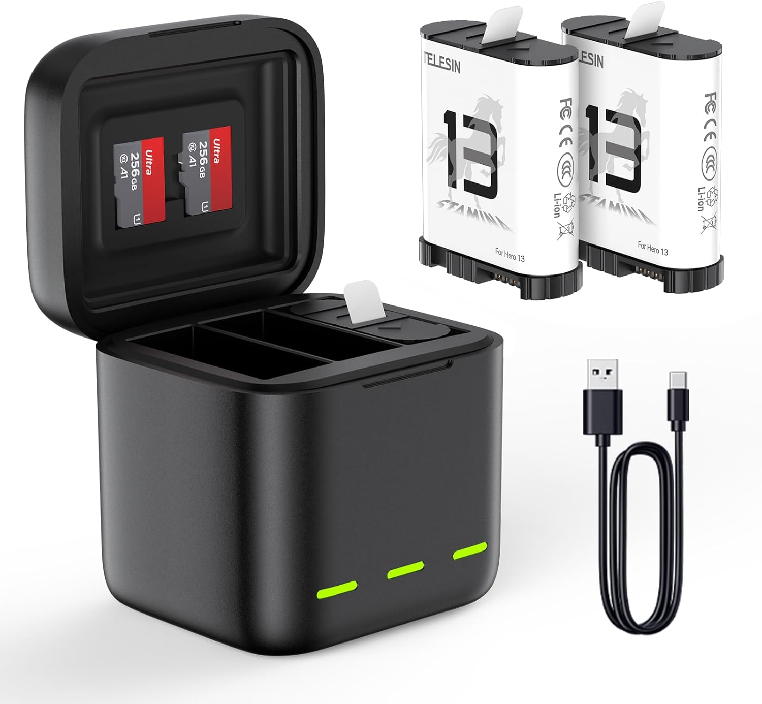 TELESIN Enduro Battery Kit for Go Pro 13(1*Battery Charger+2*Battery), Long-Lasting Large Capacity like Original Enduro Batteries Support Fast Charging for Go Pro Hero 13 Action Camera Accessories