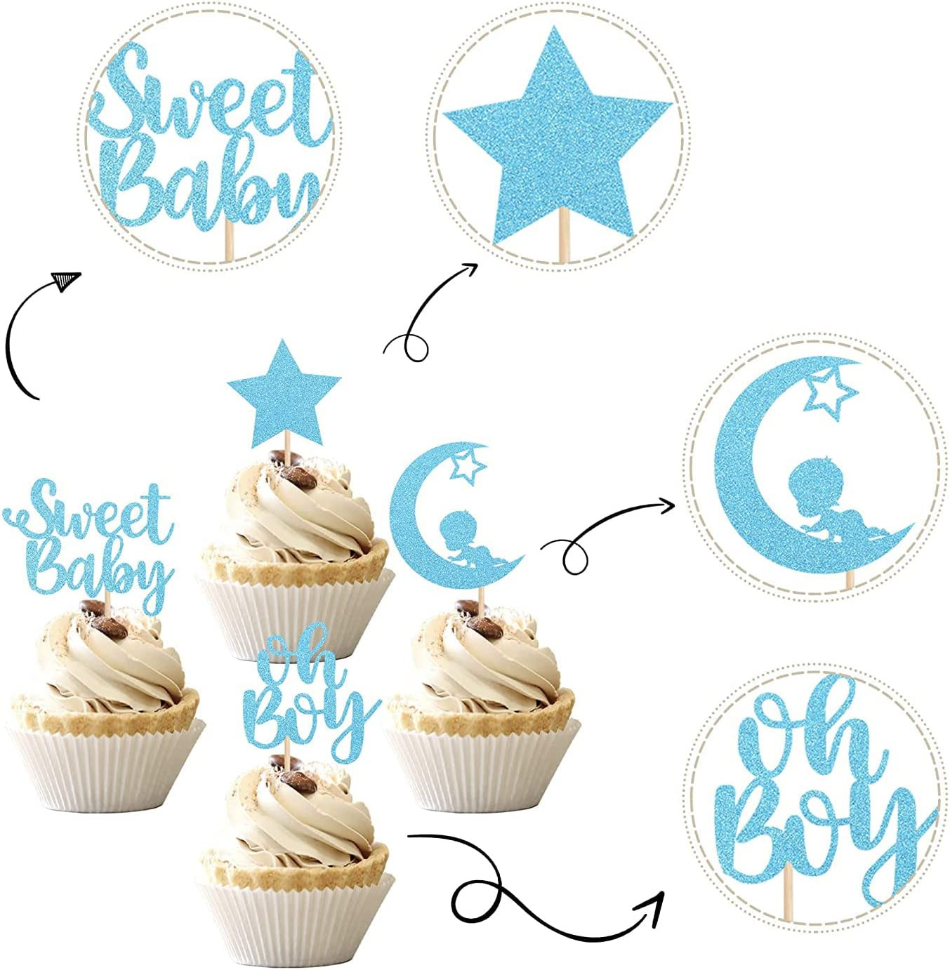 Confetti! 24 PCS Baby Shower Boy Cupcake Toppers with Moon Glitter Star Sweet Baby Boy Cupcake Picks Baby Shower Kids Boys Birthday Party Cake Decorations Supplies Blue - Sweet Baby Boy image number 4