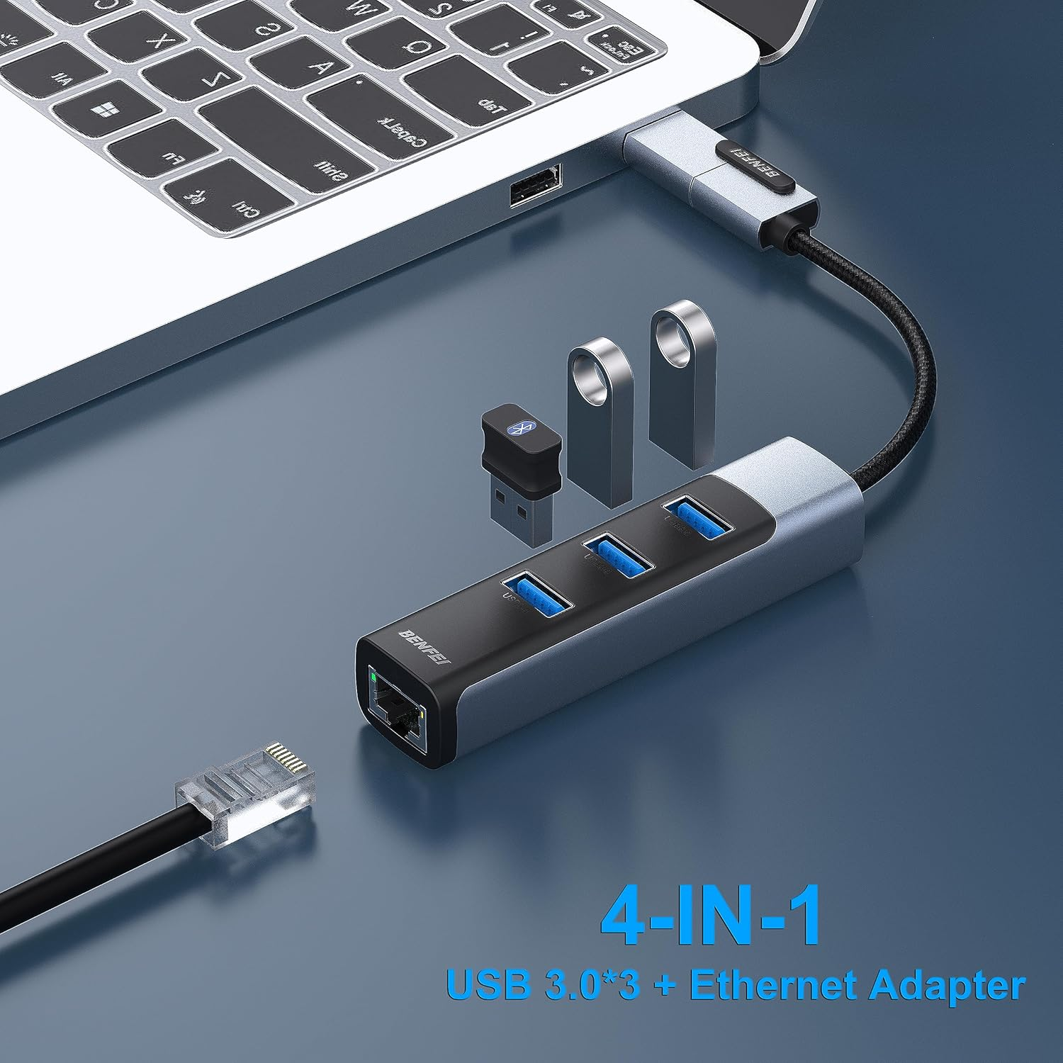 BENFEI 2-In-1 USB-C USB 3.0 to Gigabit Ethernet Adapter, 3-Port USB 3.0 Hub with RJ45 Compatible with Macbook Pro/Air 2023, Ipad Pro, Imac, S23, XPS 17, Surface Book 3 and More image number 4