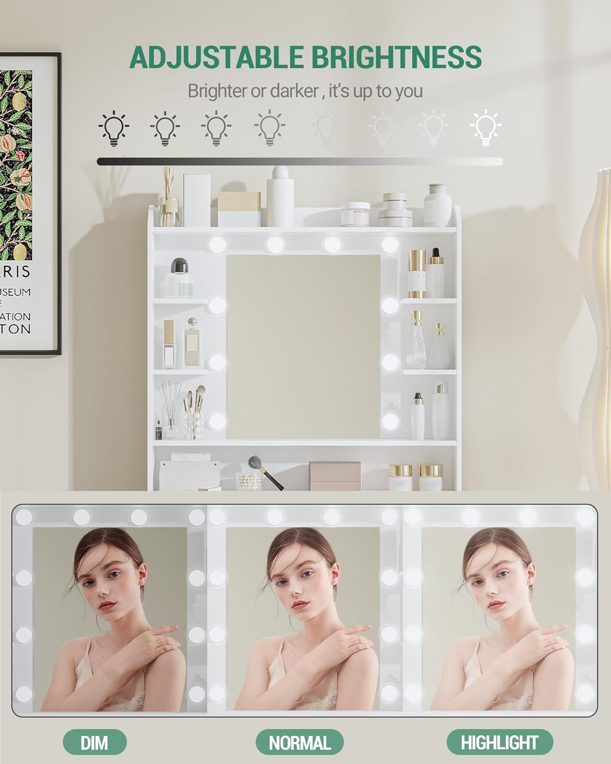 Hzuaneri Vanity Desk with Mirror and Led Light, Adjustable Brightness, Dressing Table with Shelves and 2 Drawers, for Bedroom, 40 X 80 X 149 Cm, White DT08203XAU image number 6