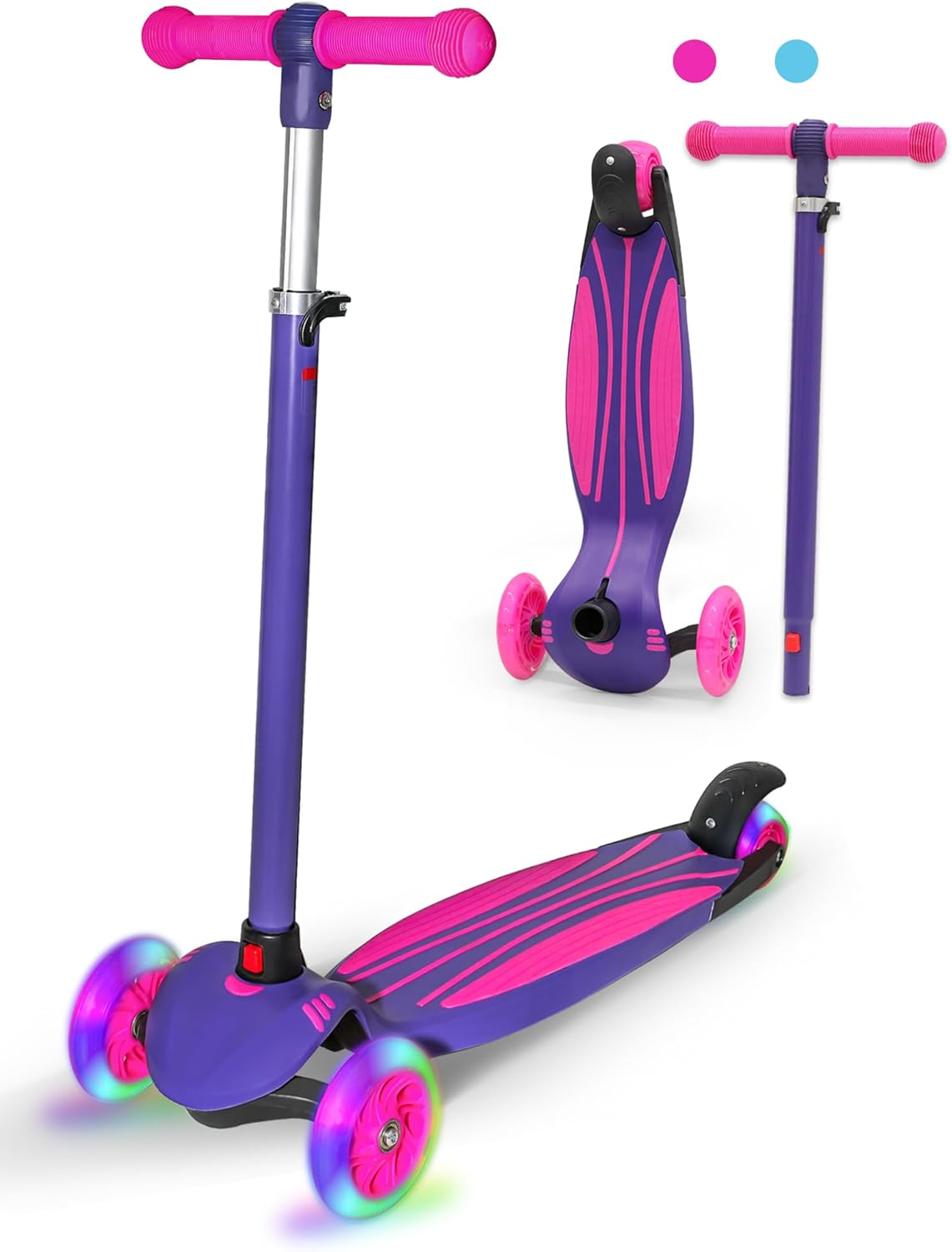 Kids Scooters for Boys Girls, 3 Wheel Kick Scooter with Light up LED Wheels, 3 Adjustable Height,R Ear Brake,Lean to Steer, Detachable ＆ Portable Lightweight Scooter for Children Ages 3-12