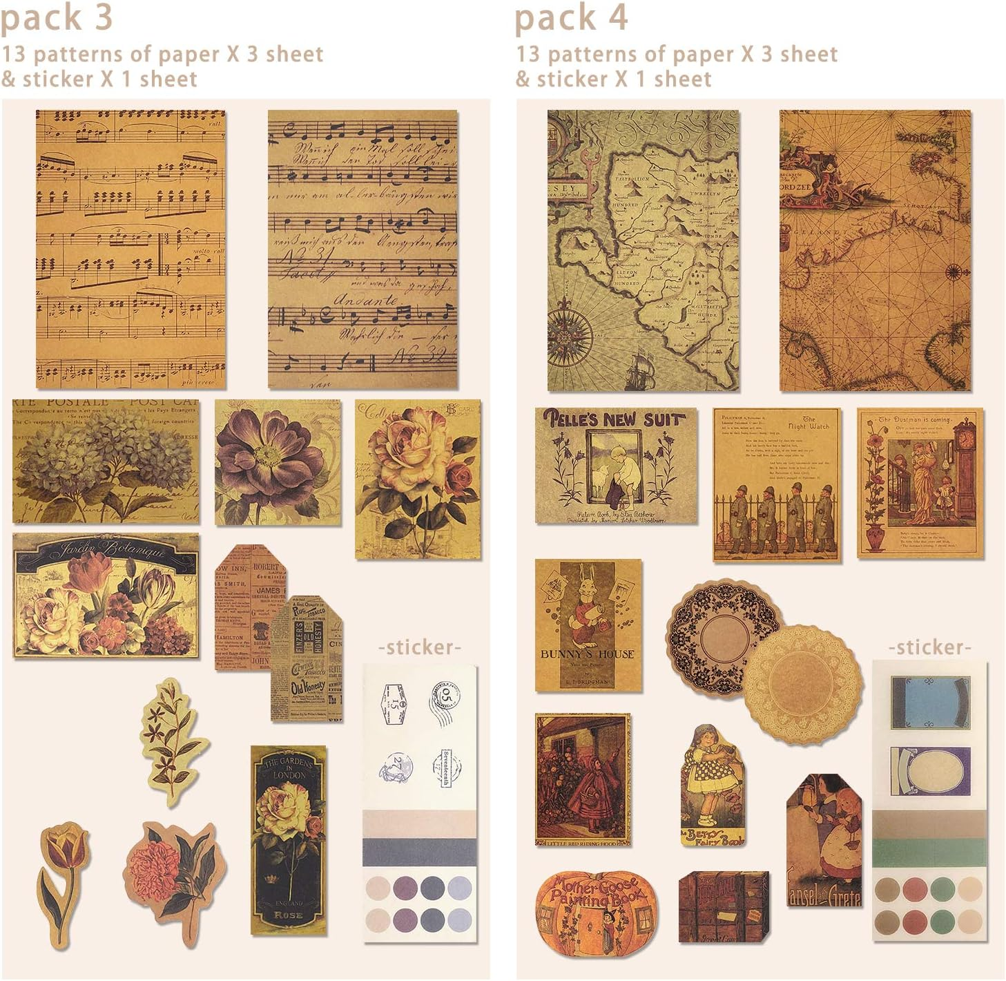 4 Packs Vintage Pattern Paper Set Scrapbook Paper Decorative Paper Kraft Paper with Print Single-Sided in Various Sizes and Shapes for Card Making Paper Craft Die Cutting Collage (Artistic) - Artistic image number 2