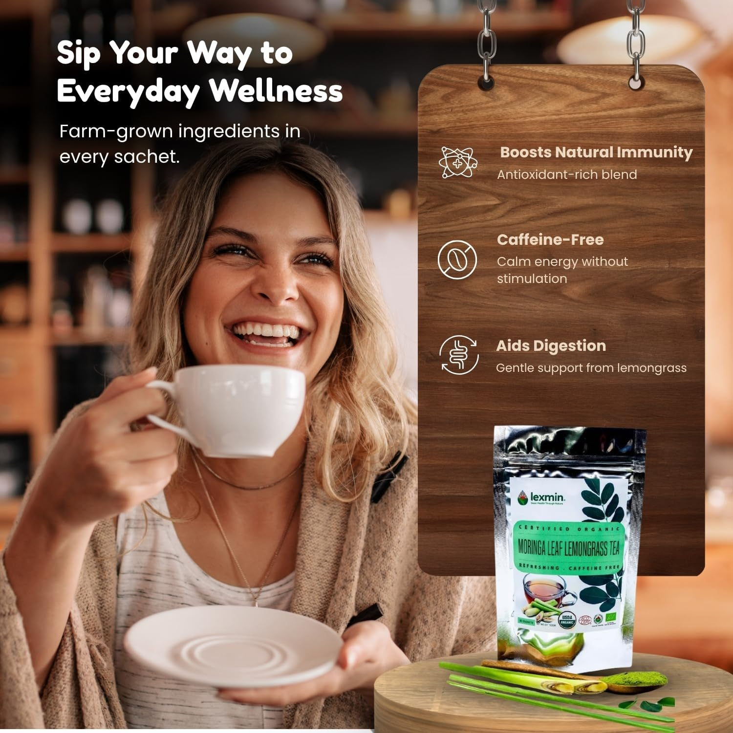 Moringa Leaf Lemongrass Tea, Herbal Infusion with Natural Antioxidants and Essential Nutrients, Plant-Based, Caffeine-Free, Vegan-Friendly, 30 Herbal Tea Bags image number 3