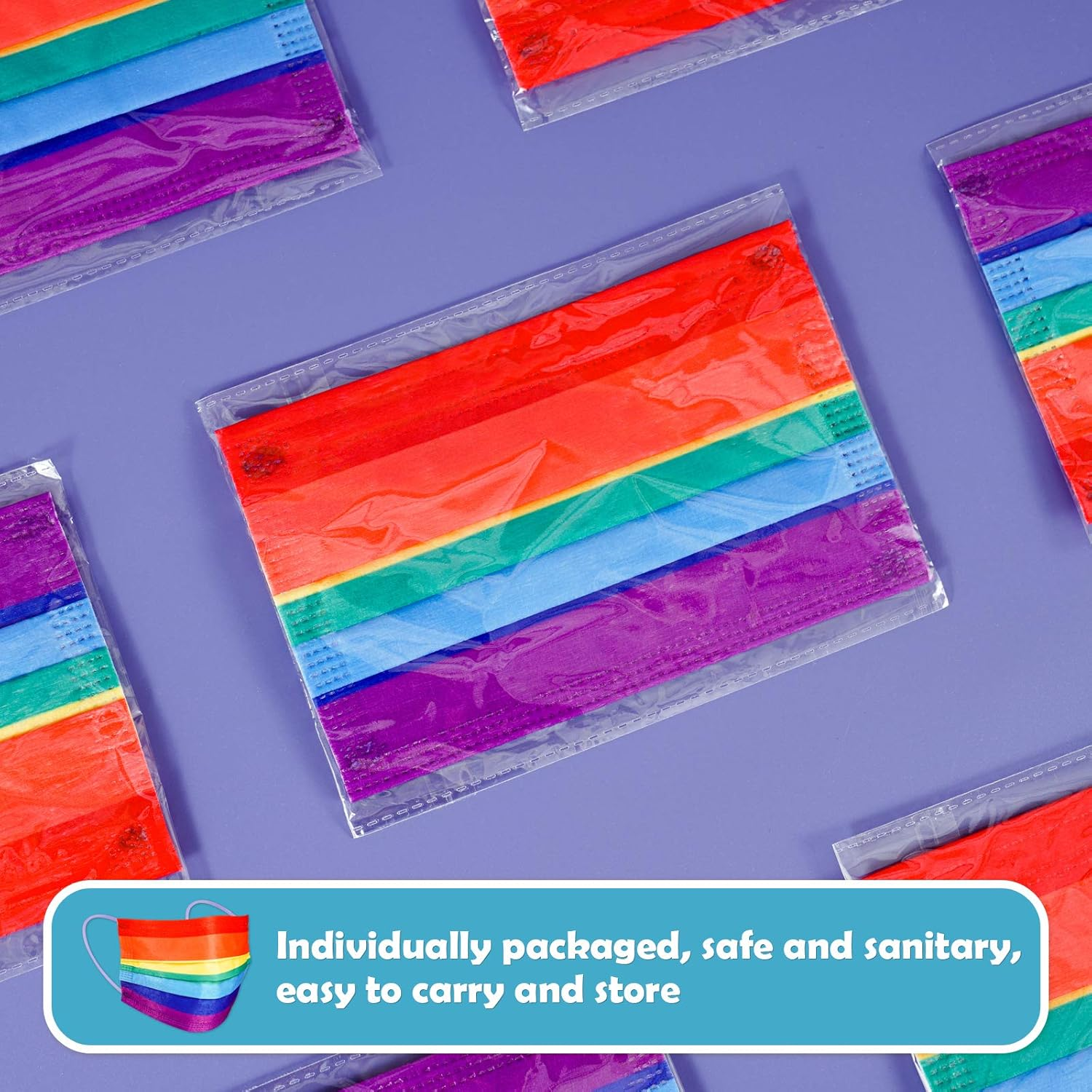 Kids' 60PCS Disposable Face Mask Rainbow Colors Individually Packaged 3-Layer Filter Purple Color Soft Elastic Earloop Nonwoven Fabric image number 2