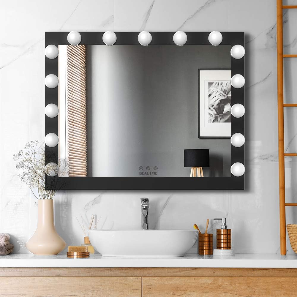 BEAUTME Hollywood Mirror,Lighted Vanity Mirror with Lights,Large Dressing Mirror Illuminated Cosmetic Makeup Mirror with LED Bulbs.Aluminum Bedroom Wall Mirror (Black, 68*55.2Cm) image number 1