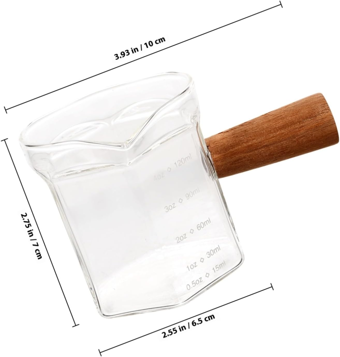 BATHVEVE Glass Espresso Measuring Cup with Heat-Resistant Wooden Handle Transparent Milk Pitcher with Scale for Precise Coffee Pouring and Consistent Brewing at Home Coffee Bar Random Color