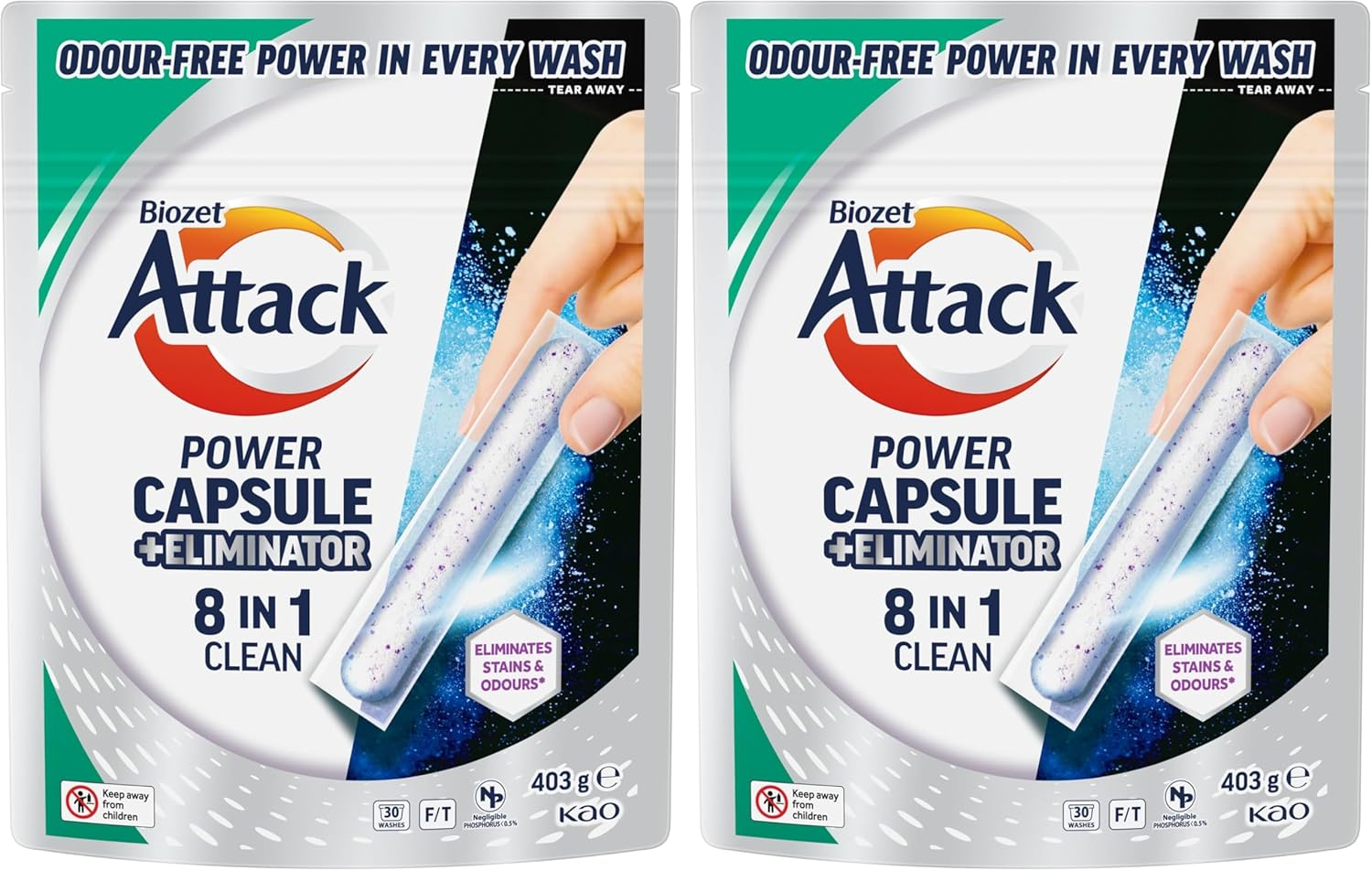 Biozet Attack Power Laundry Capsules plus Eliminator 8 in 1 Clean 30 Pack image number 1