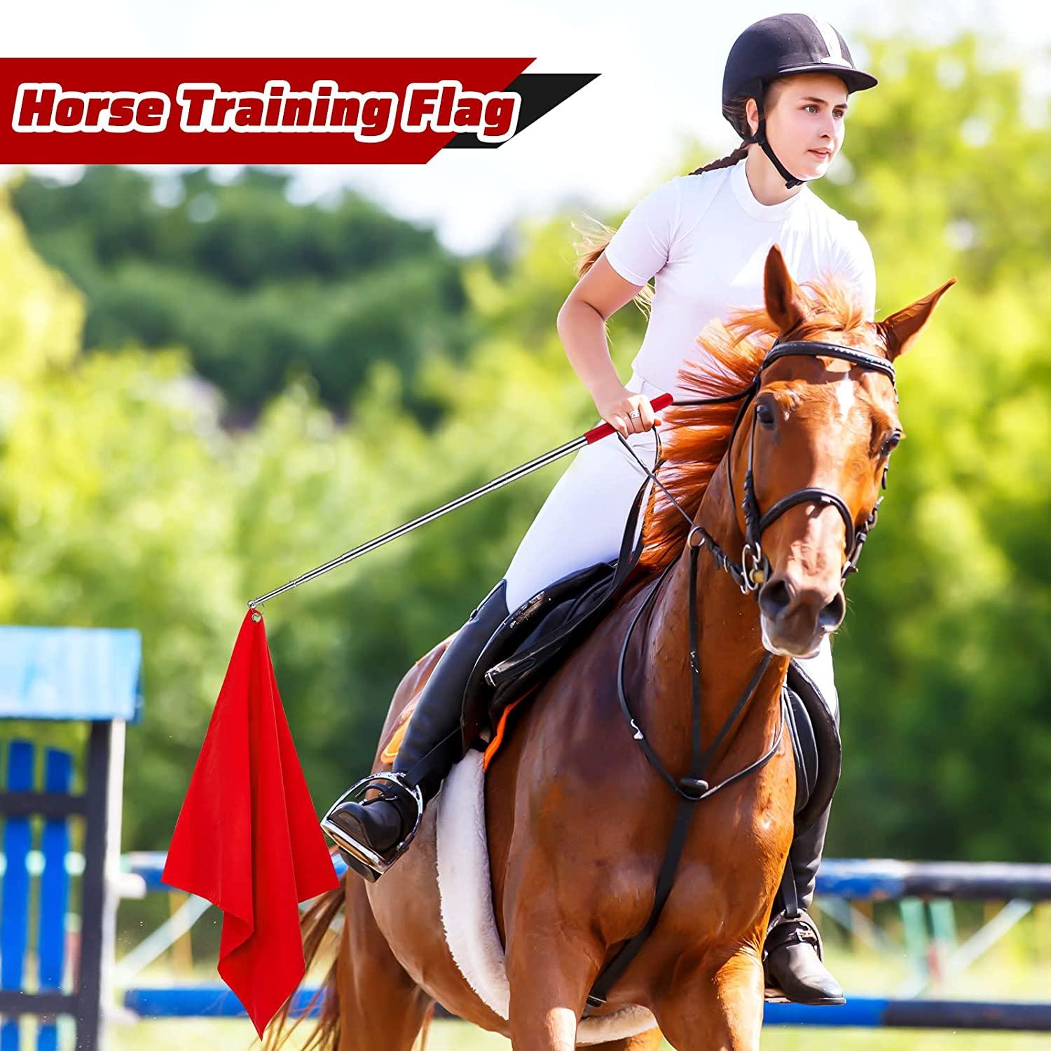 Sunnyray 48" Horse Training Flag Horse Training Equipment with 4 Feet Replacement Flags and Telescopic Handheld Flagpoles, Red, Black image number 1