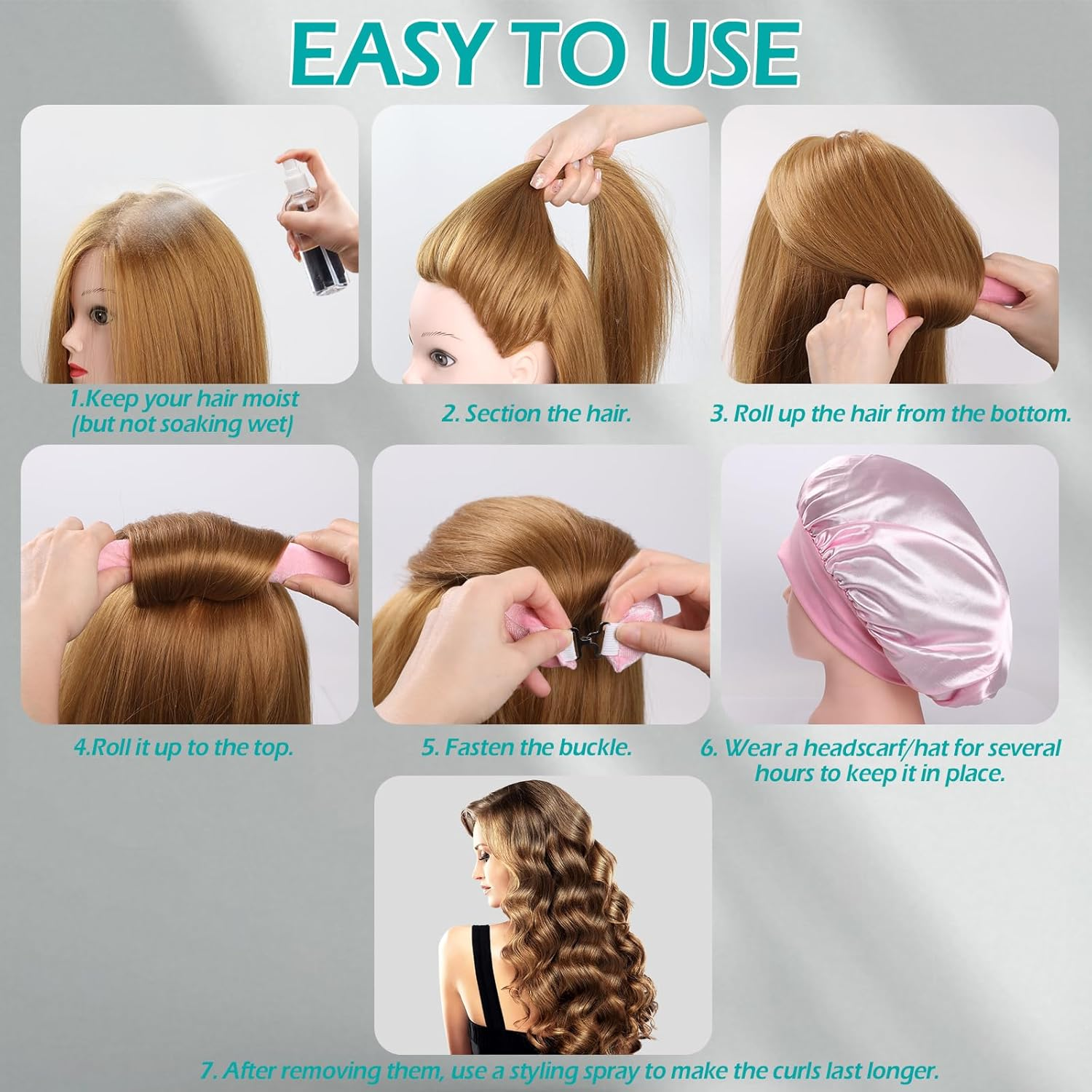 6PCS Heatless Hair Curlers, Geeric Satin Heatless Curling Hair Scarf+Shower Cap Set, High Resilience Sponge Soft Easy DIY Hairstyles Comfortable Hair Rollers for Overnight Curls Long/Short Hair Pink image number 3