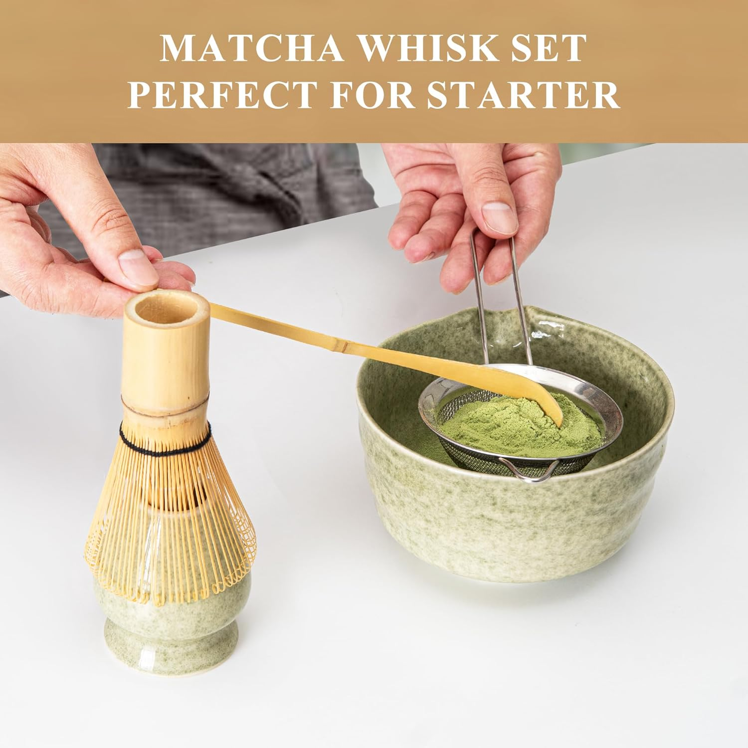 Matcha Whisk Set, Matcha Making Kit Whisk (Chasen Holder), Ceramic Whisk Holder (Mottled Green), Bamboo Scoop, Powder Starter Sifter, Spoon Japanese Tea Tools for Ceremony Gift - Green image number 1