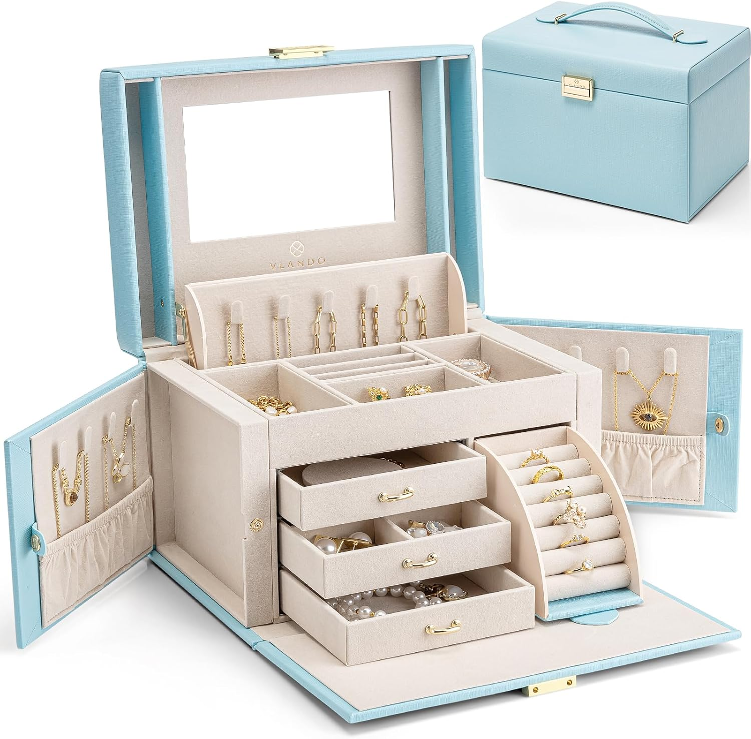 Vlando Jewelry Box Organizer for Girls Women, Large Baroque Jewelry Holder Organizer with Mirror, 3 Drawers for Bracelets, Earrings, Rings, Necklaces, Mothers Day Gifts for Loved One, Blue