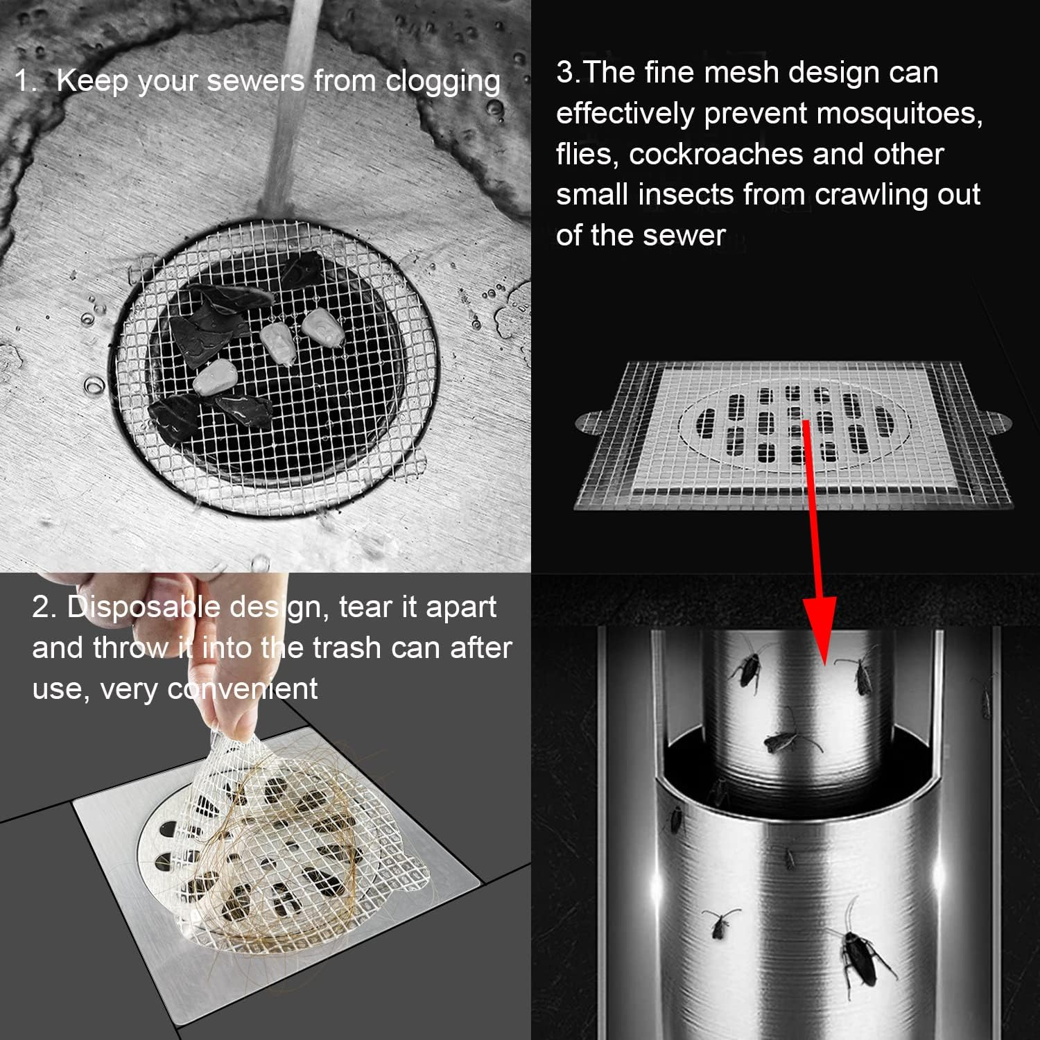 Paifeancodill Disposable Shower Drain Hair Catcher, 30 Pack Mesh Stickers, Drain Filter for Bathtub with Waterproof Adhesion (Square)