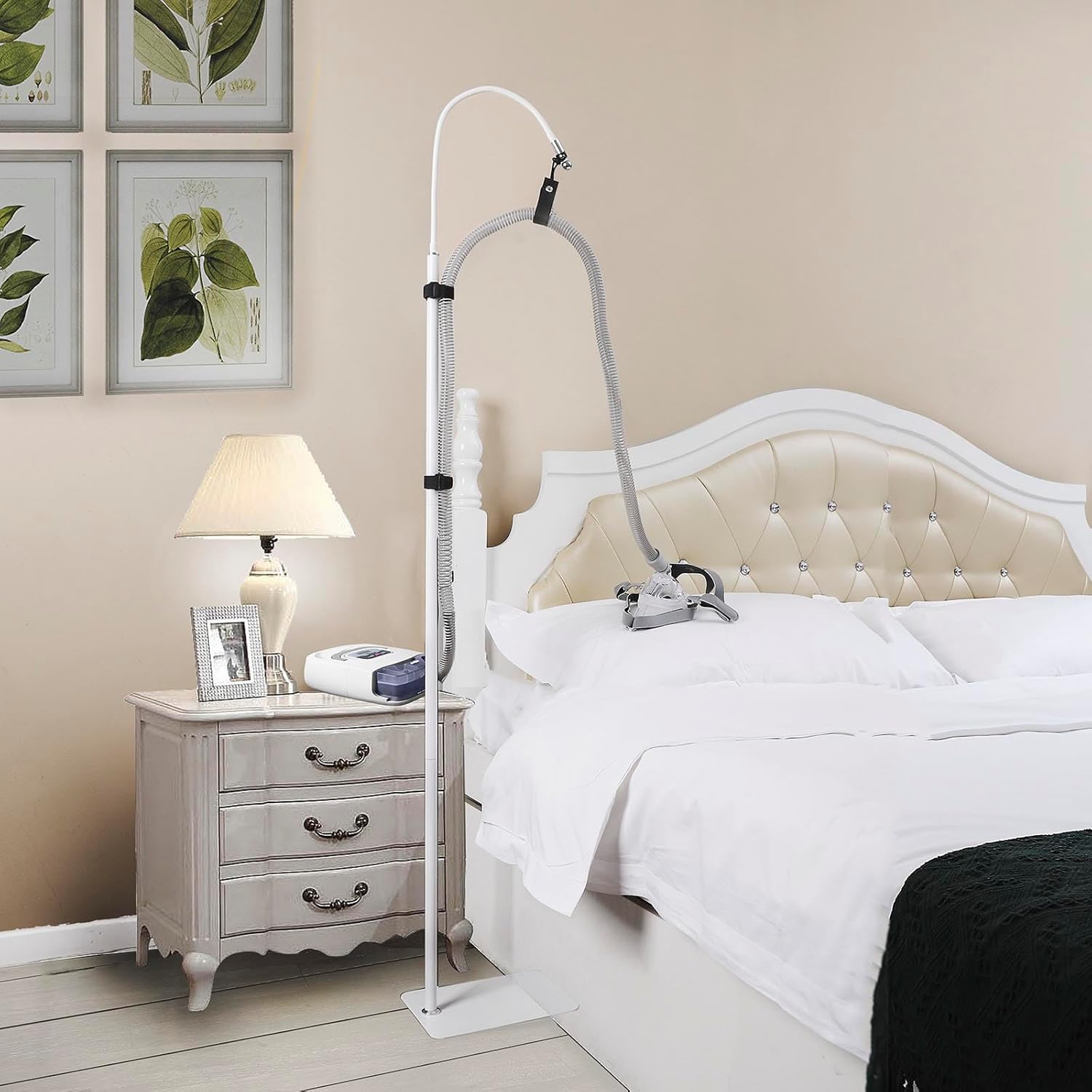 CPAP Hose Holder for Bed with Adjustable Height and Angle,Avoid Hose Entanglement，Cpap Hose Hanger Material Is Anti-Rust Alloy,White