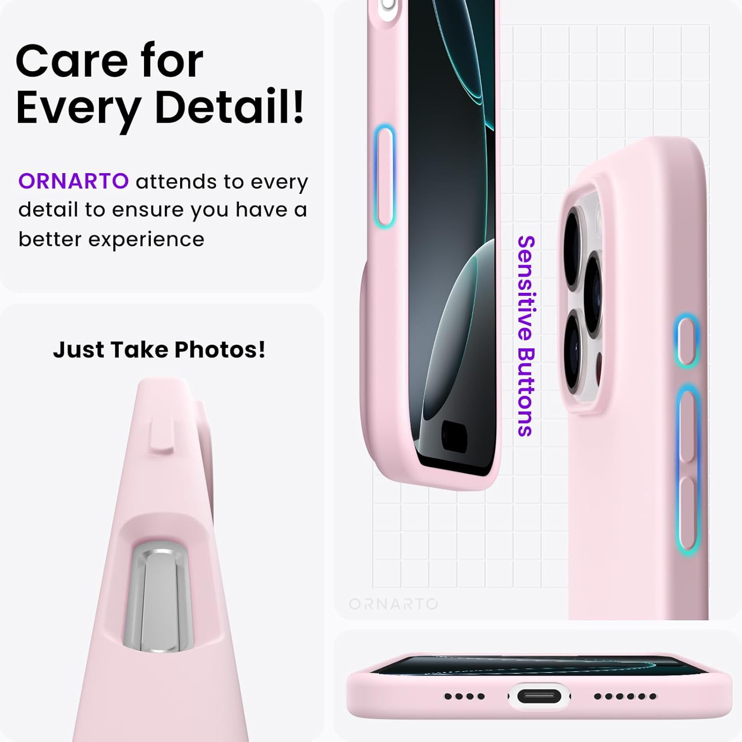 ORNARTO Compatible with Iphone 16 Pro Max Case 6.9", Slim Liquid Silicone 3 Layers Soft Gel Rubber Shockproof Protective Case with Anti-Scratch Microfiber Lining-Chalk Pink - Black image number 4
