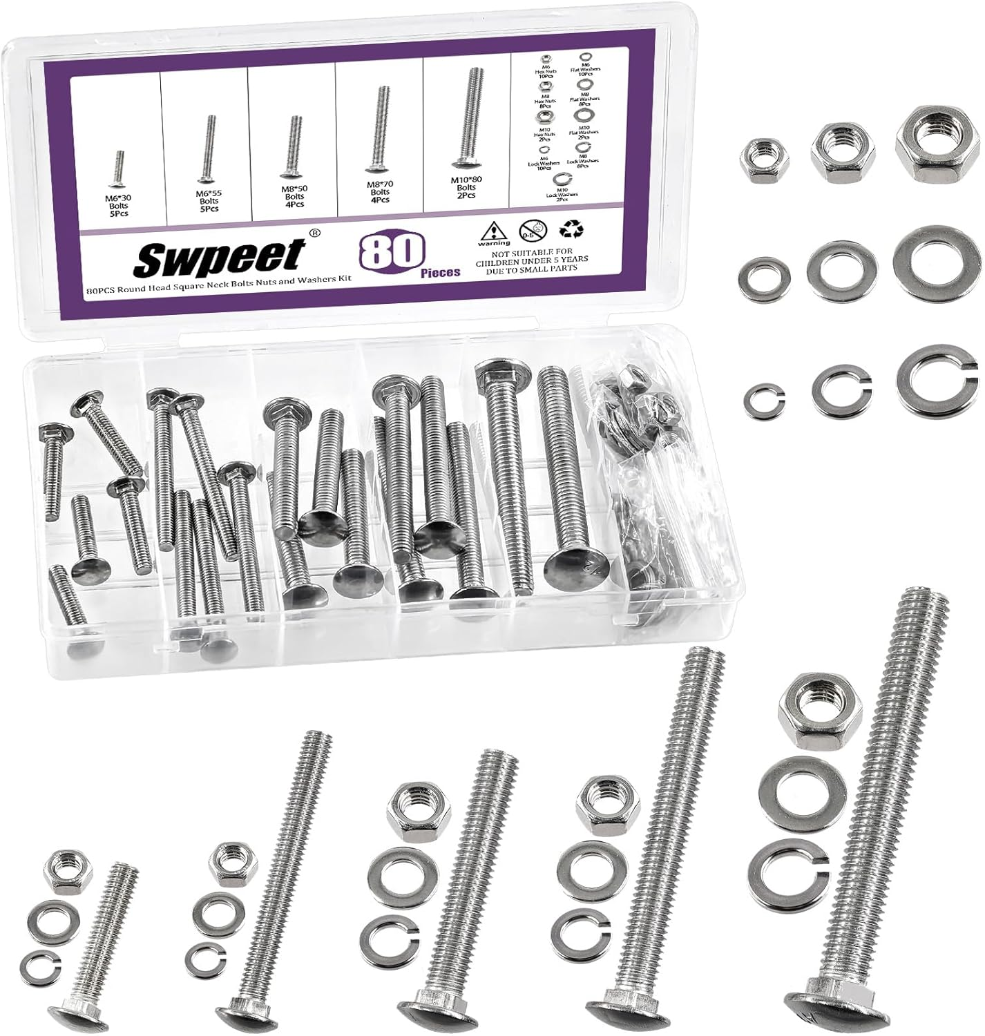 Swpeet 60Pcs 5 Sizes M6&times;30 M6&times;50 M8&times;50 M8&times;70 M10&times;80 Colored Zinc Plated Carriage Bolts Screws Nuts Washers Assortment Kit, round Head Square Neck Screws, Full Thread Carriage Bolts