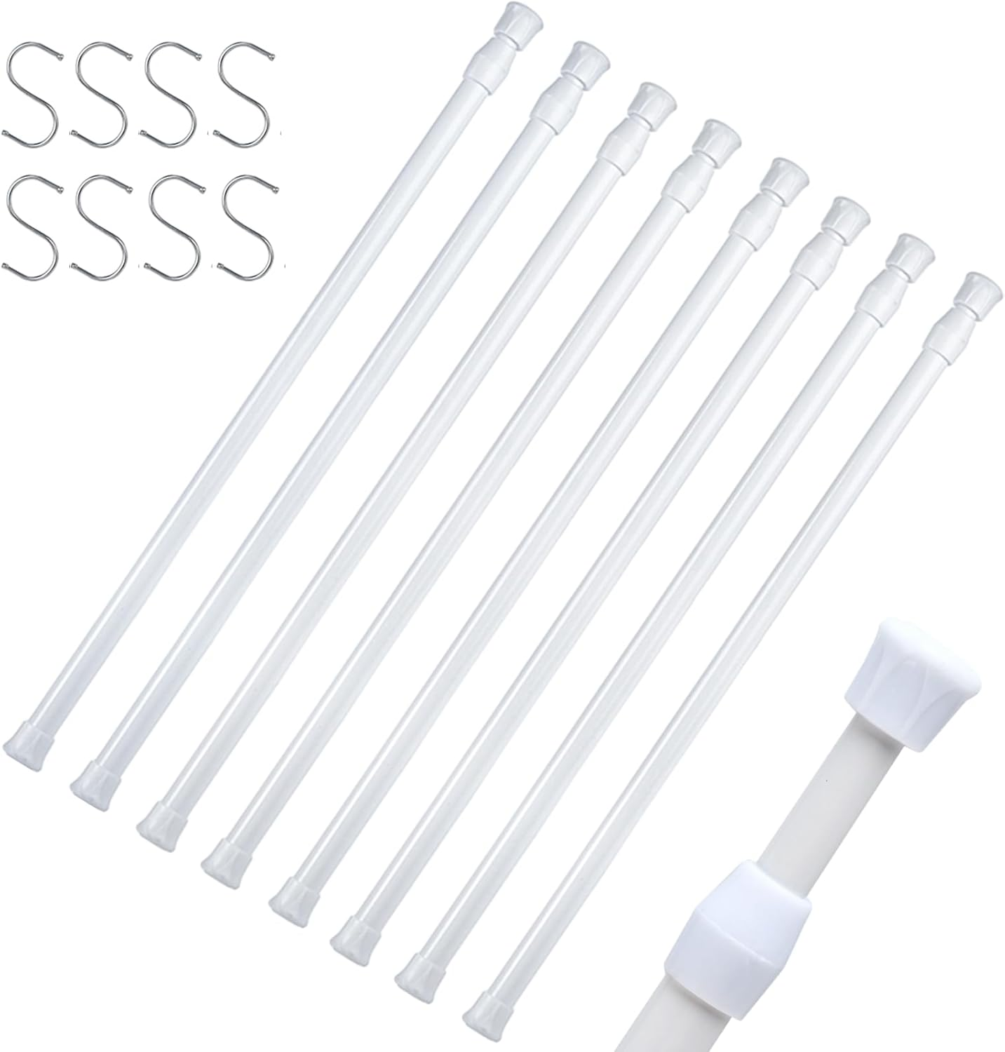 8 Packs Small Tension Rods 16 to 28 Inch Spring Adjustable Bars for Camper RV Refrigerator, Kitchen Windown, Cupboard Utensils, Closet, and Cabinet, White