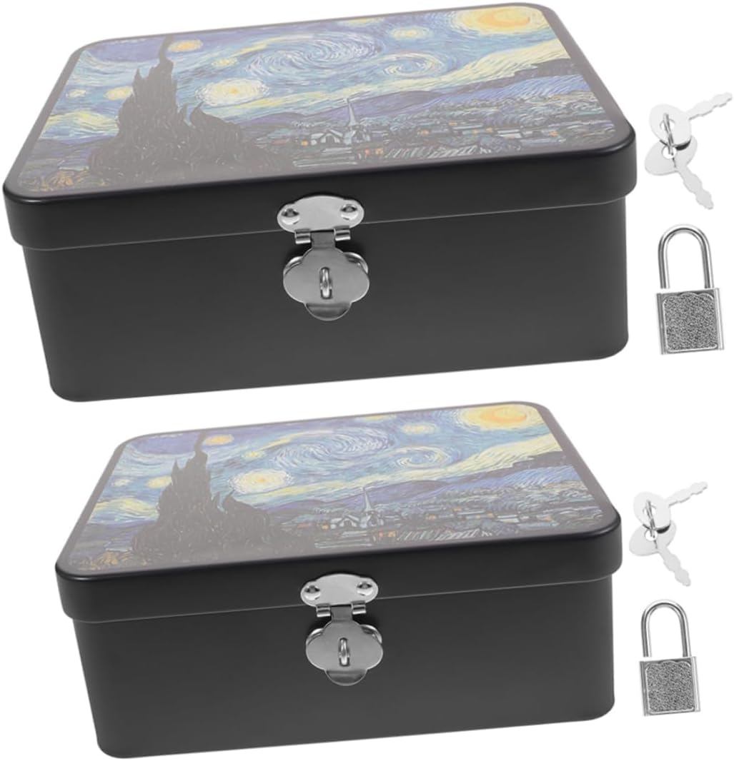 2Pcs Retro Storage Box Vintage Tinplate Box Lock Desk Organizer for Items Multipurpose Storage Case for Toy as Treasure Lock