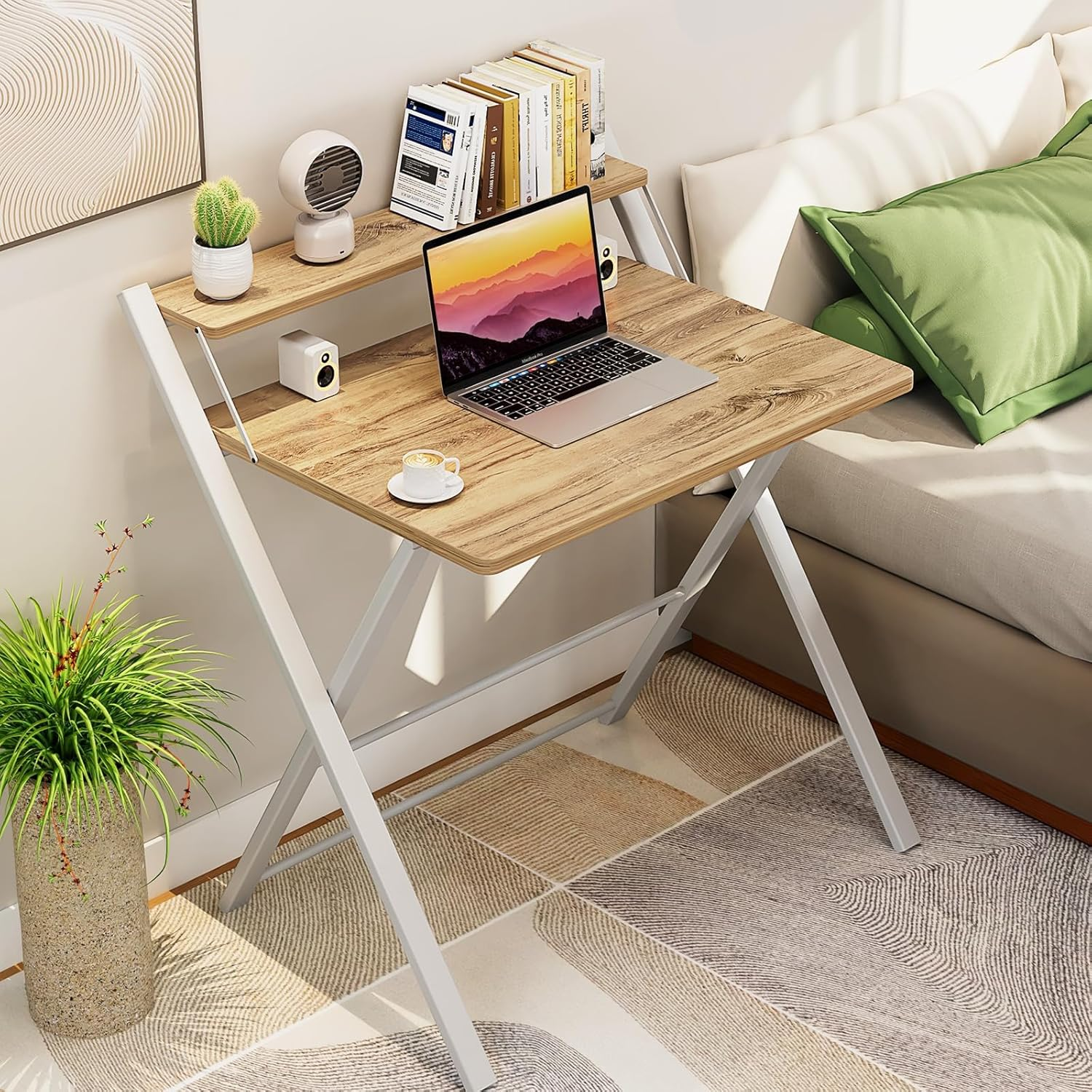Folding Desk No Assembly Required Small Size, 2-Tier Foldable Computer Desk with Shelf for Home Office, Space Saving Portable Laptop Study Foldable Table for Small Spaces (Oak, 69 X 56 Cm) image number 6