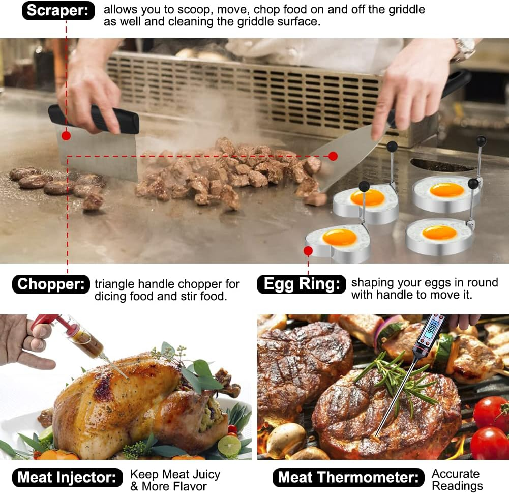 Griddle Accessories Kit, 135 Pcs Griddle Grill Tools Set for Blackstone and Camp Chef, Professional Grill BBQ Spatula Set with Basting Cover, Spatula, Scraper, Bottle, Tongs, Egg Ring image number 5