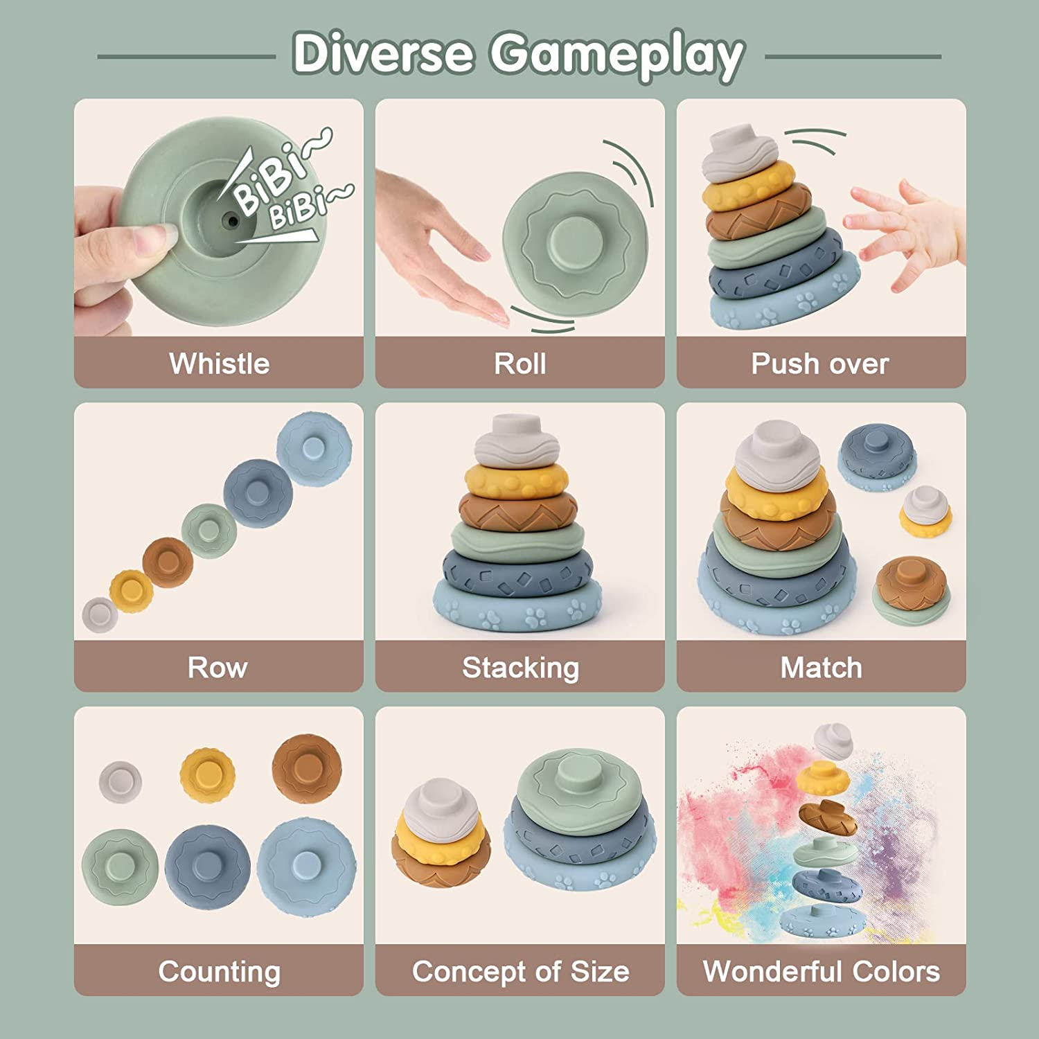 Stacking Nesting Baby Toys, STEM Soft Stacking Blocks Ring Stacker Toys, Early Educational Squeeze Teething Baby Toys, Learning Circle Gifts for Babies Toddlers Kids 6 12 18 Months(7 PCS) image number 4