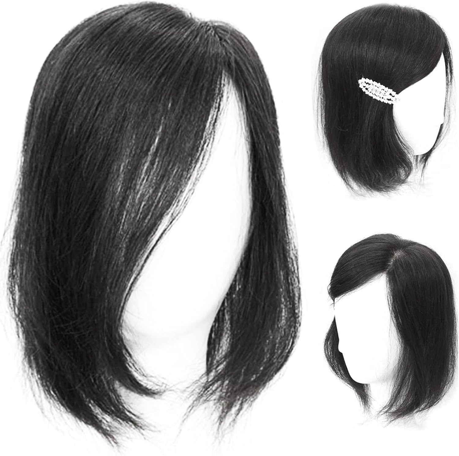 ICRAB Side Part Natural Hair Topper Wig Pieces Human Hair 13X14Cm Silk Base Crown Topper Clip in Hairpiece Large Coverage Wiglets Hairpieces for Thinning Hair Loss Natural Black,Left Part 12 Inch image number 4