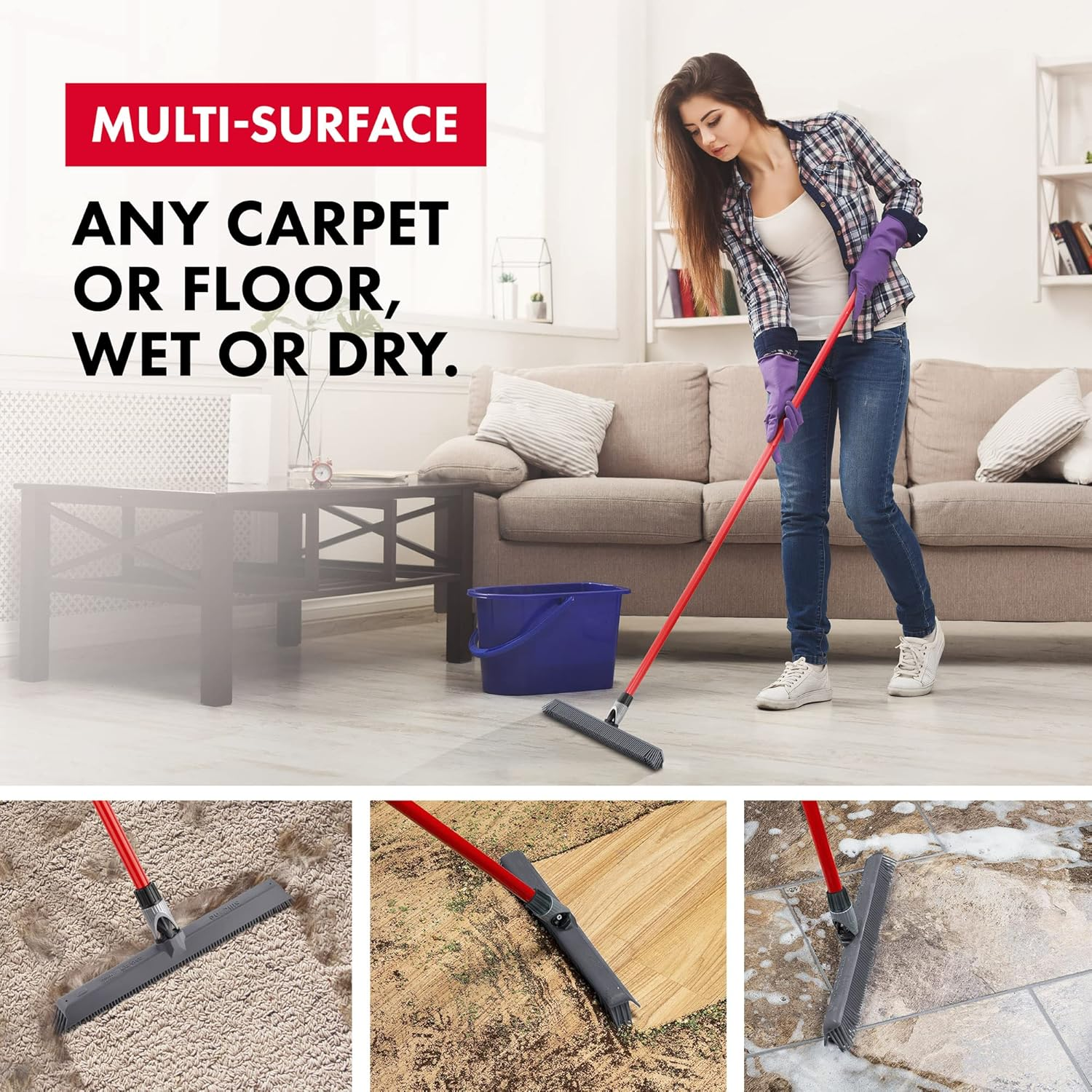 Tyroler Bright Tools Silicone Broom & Squeegee 40Cm - 100% Silicone, Long 4 Parts Handle 140 Cm, Best for Pet & Human Hair, Indoor, Outdoor, Carpets, Decks, Floor. Water Resistant & Washable image number 2