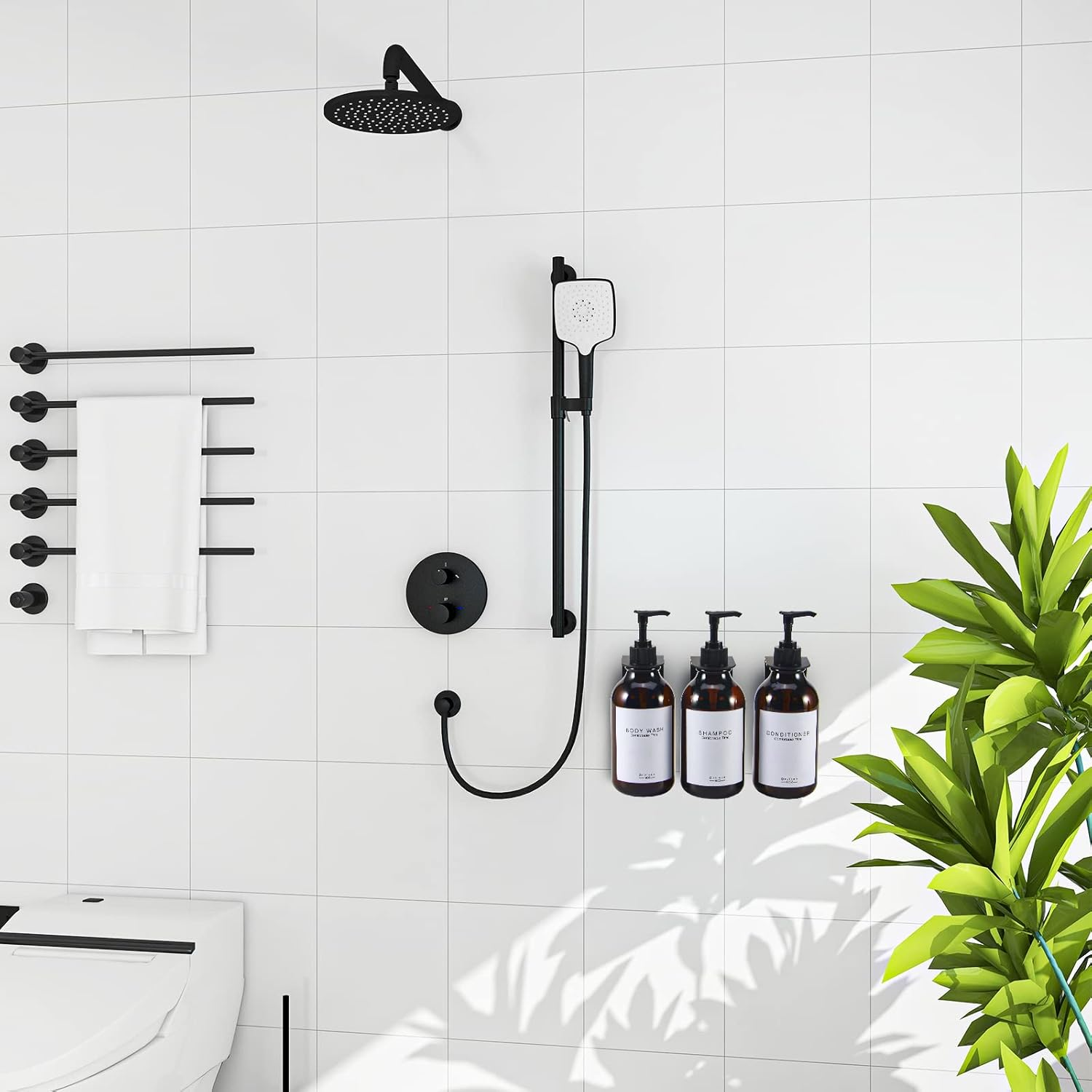 GOYISEE Shampoo and Conditioner Dispenser for Shower Wall, 3 Chamber, Refillable Bottles with 3 Wall Mounts, Waterproof Labels and Pumps (3 Bottles 3 Wall Mount-Brown)