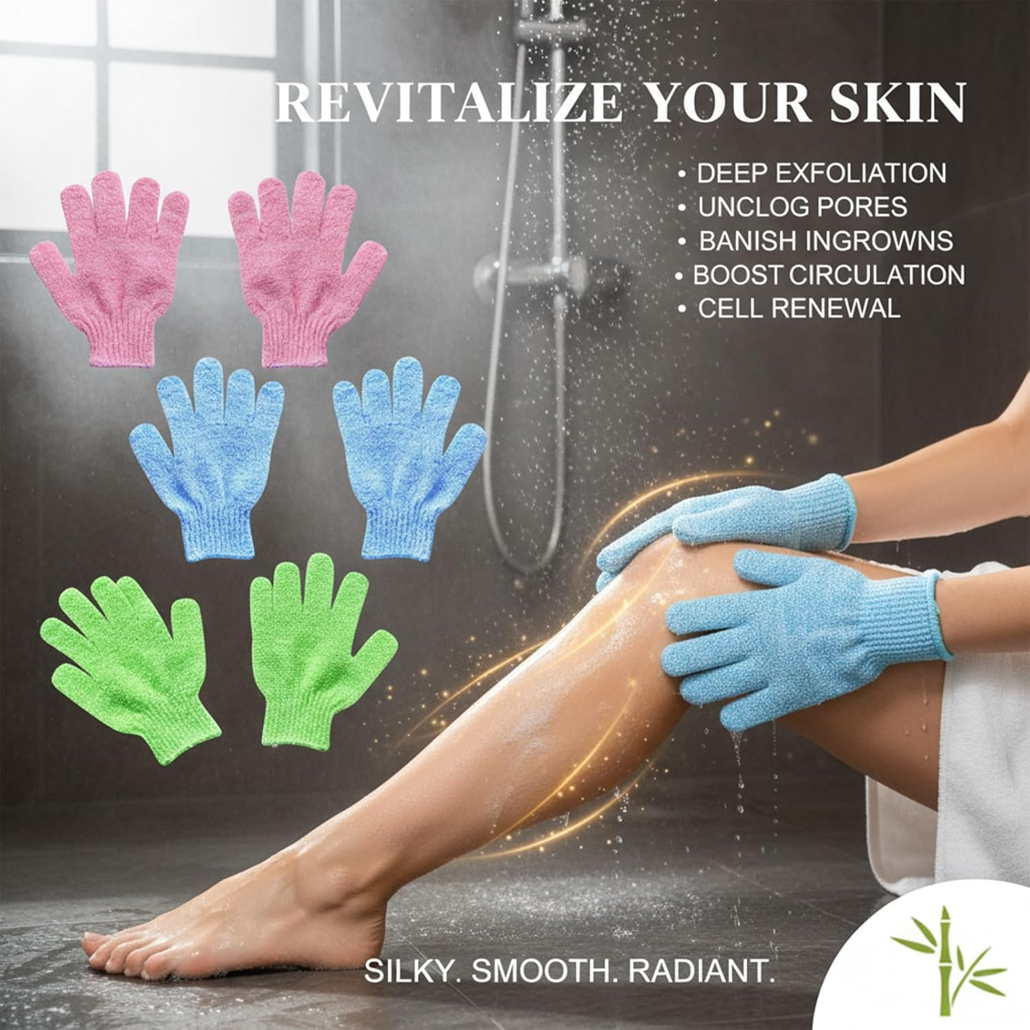 Exfoliating Gloves for Shower, Body Scrub Mitts to Remove Dead Skin Cells and Improve Skin Texture - 6 Pcs Set of Bath Gloves for Deep Cleansing(Green,Blue,Pink) - Abvian image number 1