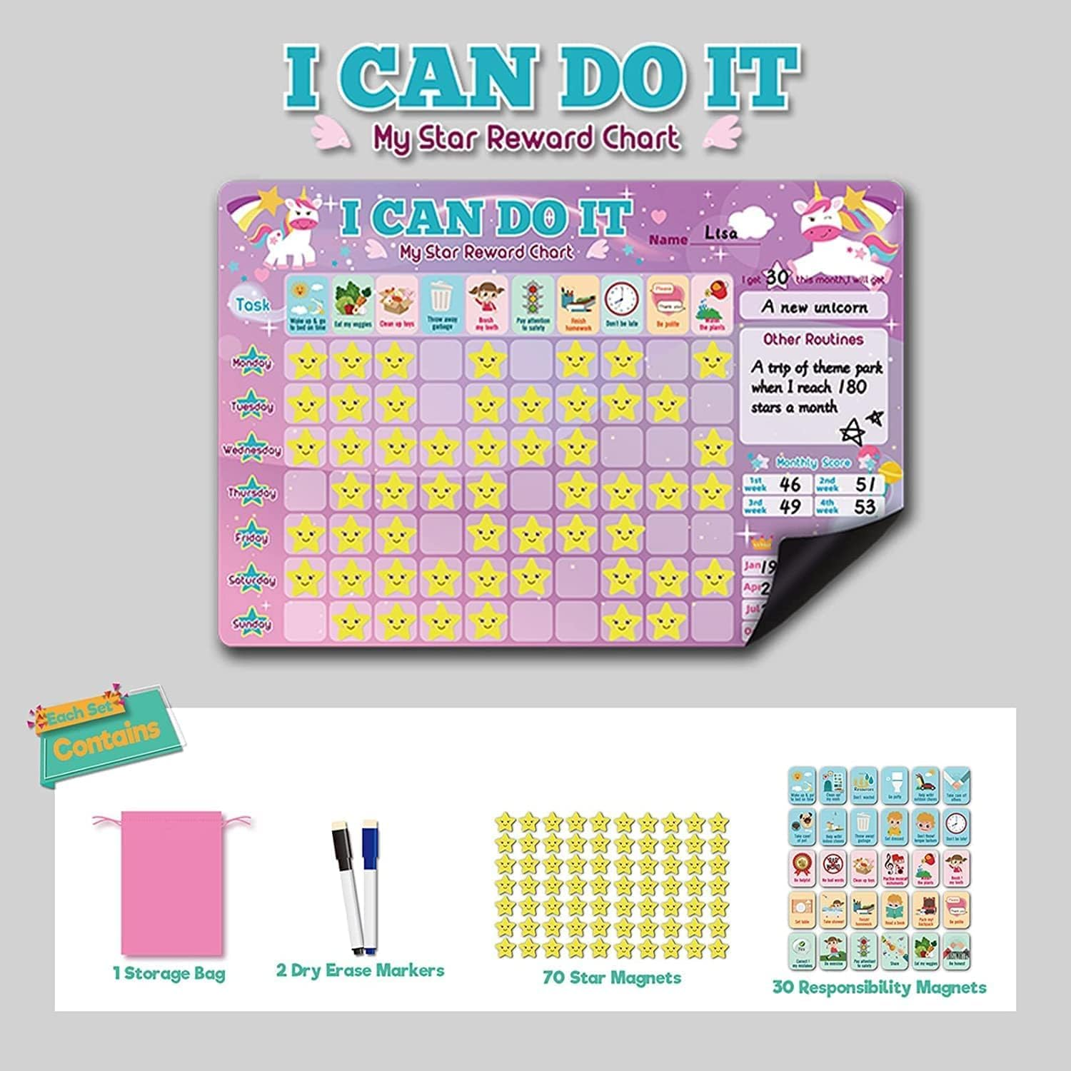 Magnetic Reward Chart/Good Behaviour/Responsibility/Housework Reward/Obvious Chart with Insertable Pen, Behavior Tile and Star Tile 44 * 30Cm (Pink) image number 4