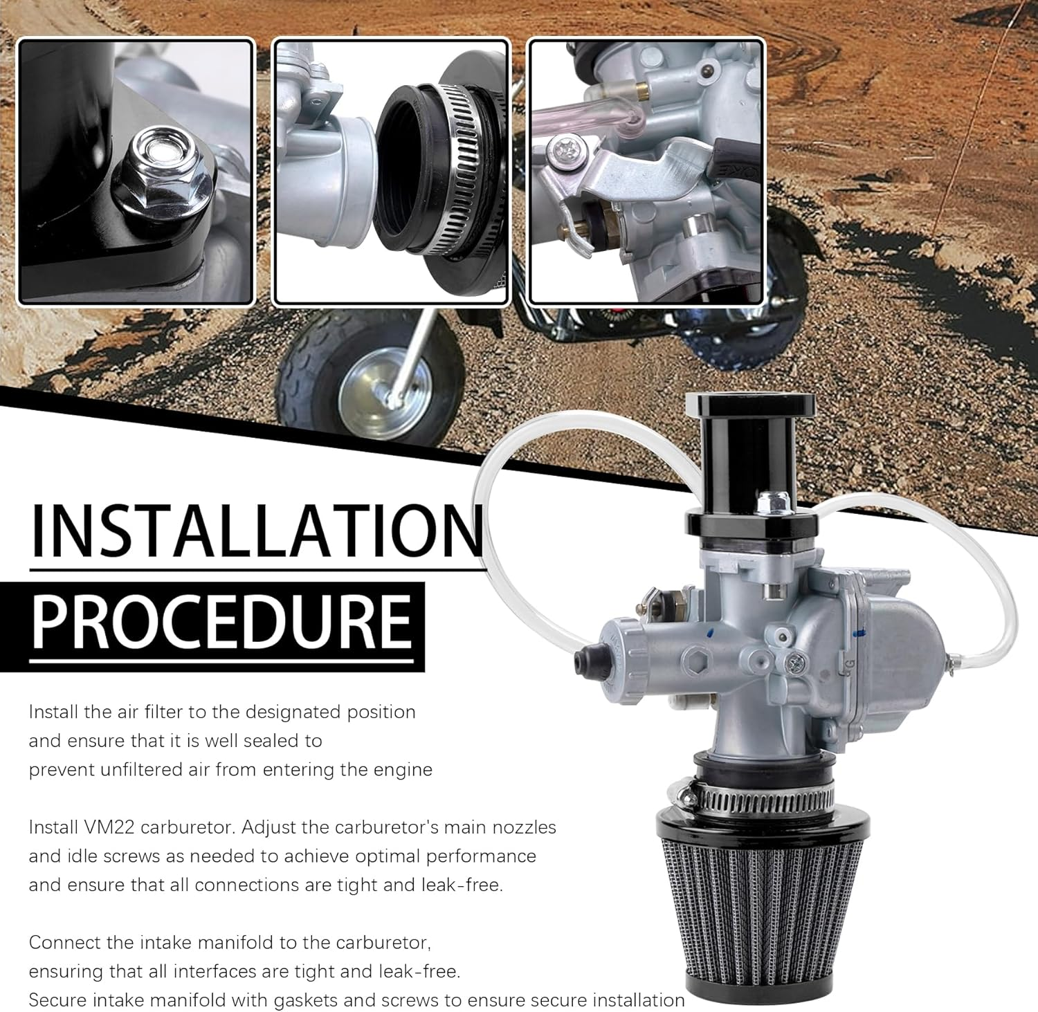 VM22 26Mm Carburetor Carb Kit Fit for Performance Intake Pipe Mainfold Air Filter Fit for Predator 212Cc GX160 Honda GX200 CT200U 196Cc KT196 Clones Moto Go Kart Mini Bike Race Kart (Black) - Black image number 4