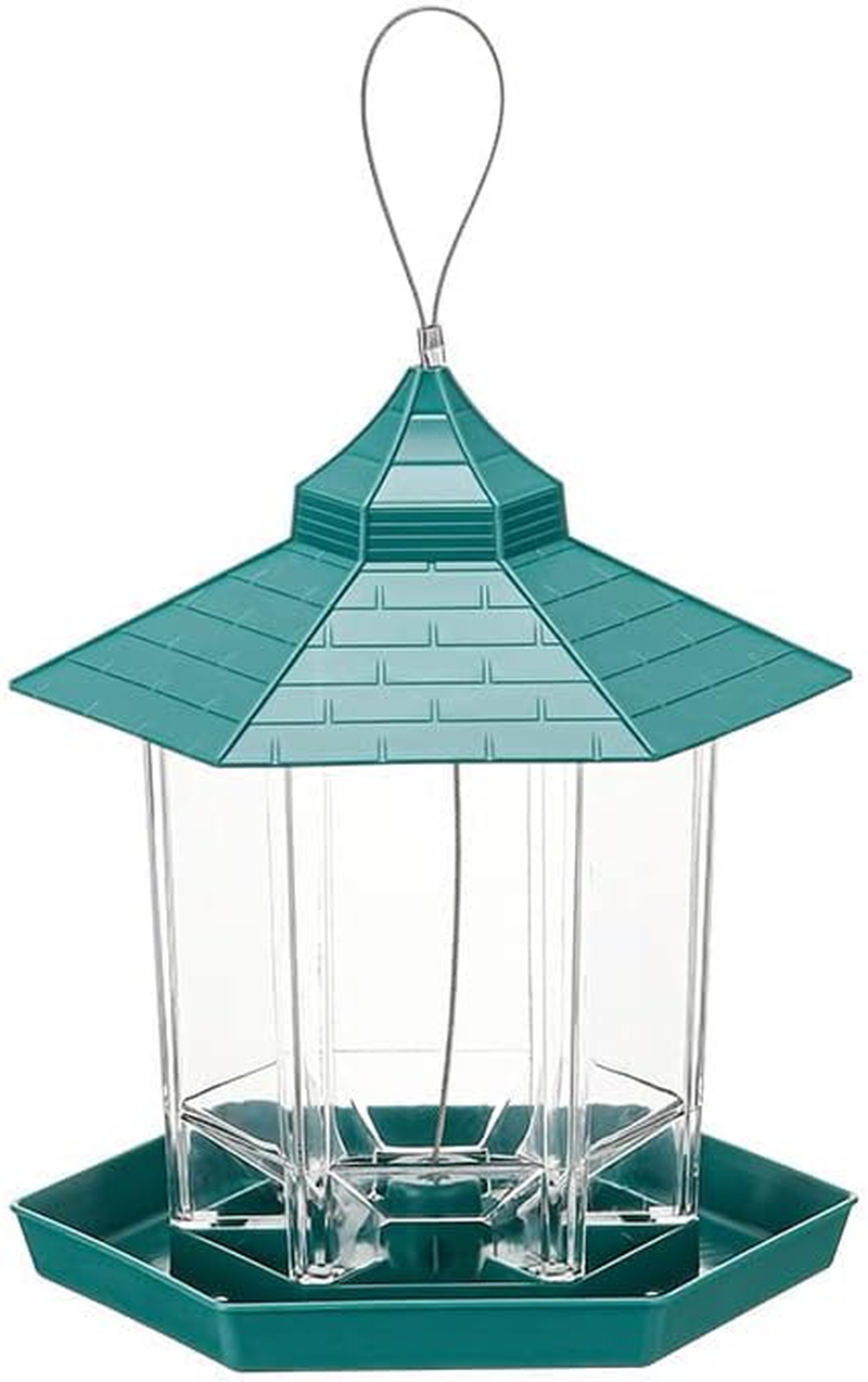 AIMALL Garden Hanging Wild Bird Feeder Birds Gazebo Shape Container Waterproof Outdoor, 9X8 In, Sturdy Plastic, Easy Fill/Clean, Green and Transparent
