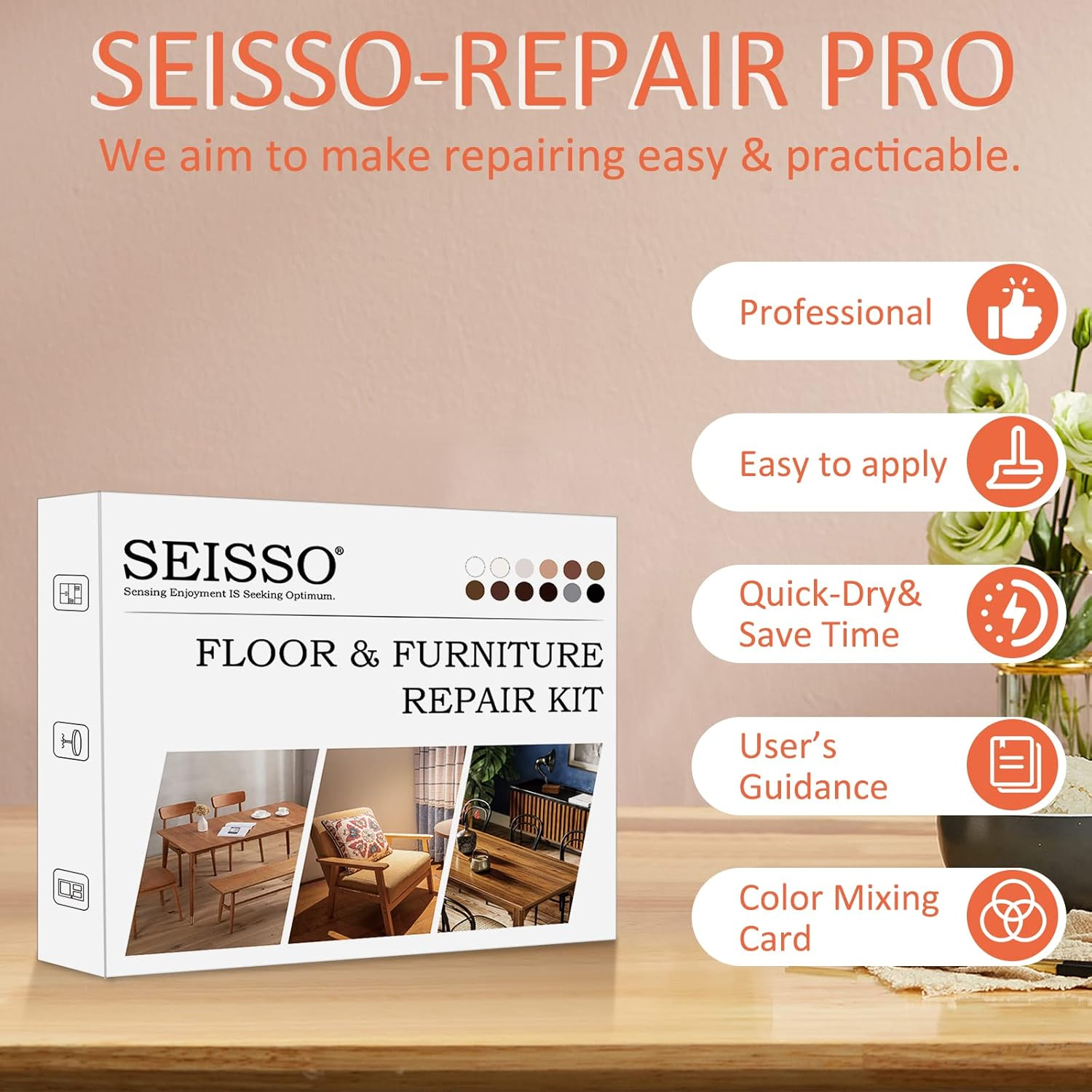 SEISSO 12 Colors Wood Scratch Repair Kit, Wood Filler Putty Furniture Markers Touch up Vinyl Floor Repair Kit - Restore a Finish, Cover Hardwood Scratches, Cracks, Hole, Table, Door image number 2
