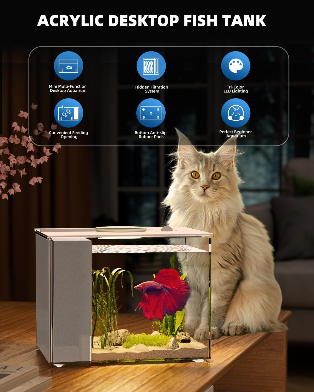 Vehipa 2.9L (0.78 Gal) Betta Fish Aquarium, Acrylic Small Fish Tank Kit with Water Filter Pump & LED Light, Ideal for Small Fish, Plants and Shrimp, White image number 1