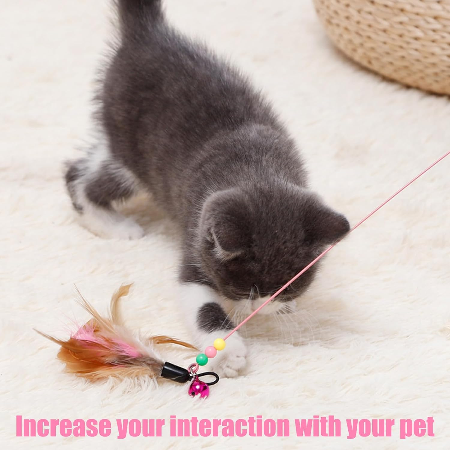 RANYAKE 2Pcs Feather Teaser Cat Toy, Cat Feather Toys, Interactive Cat Catcher and Exerciser Wand, Cat Teasing Sticks with Bells and Feathers, Comes with a Replaceable Feather Toy, Cat Accessories image number 5